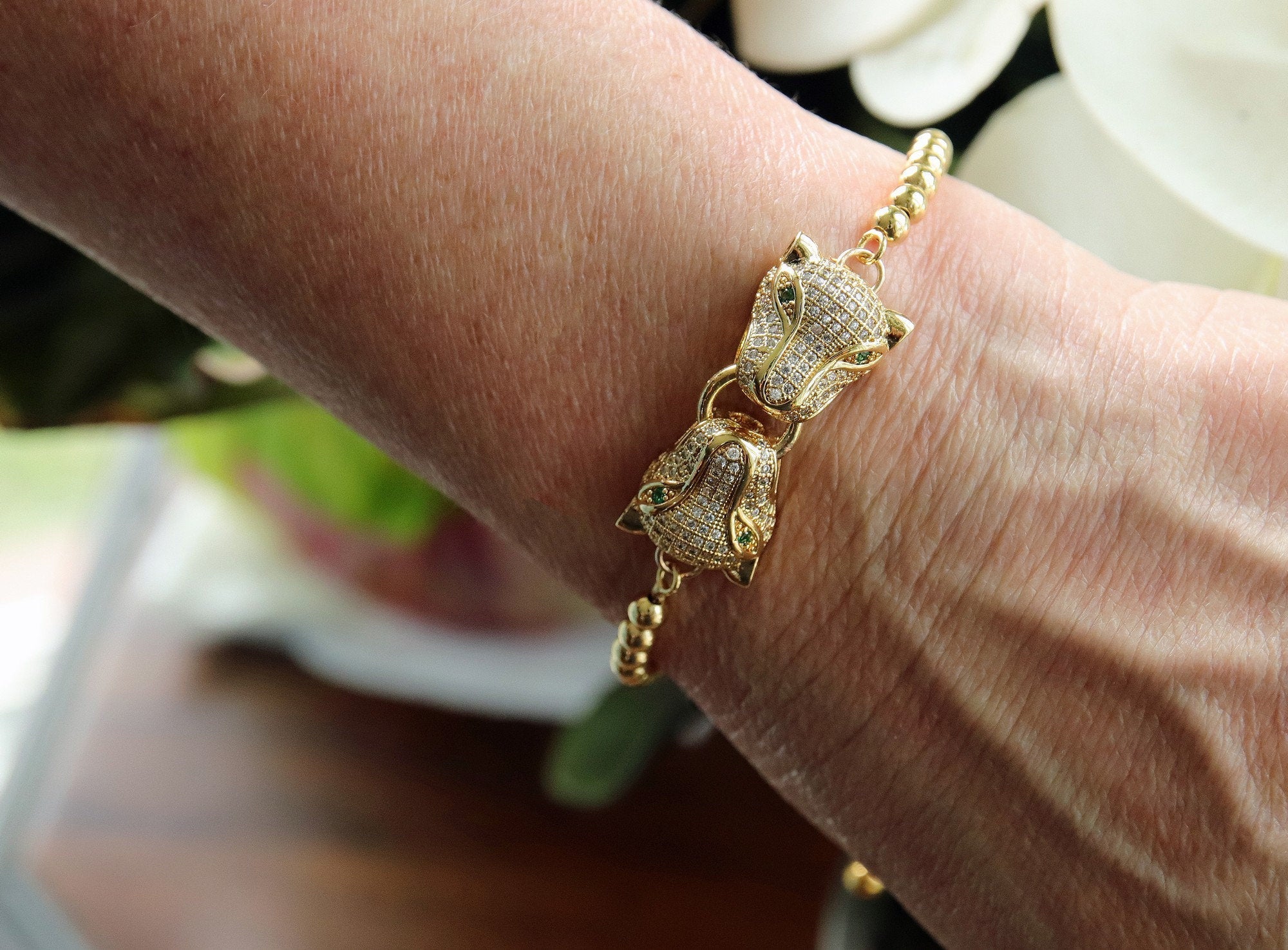 Tiger Head Bracelet, Black, Gold Animal Bead CZ Cat Head Adjustable Bolo Bracelet, Cubic Zirconia Chain Bracelets, 3D Panther - A Girls Gems