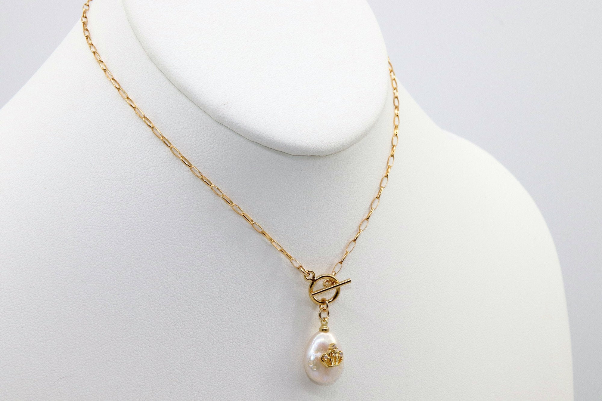 14 K Gold Pearl Cross Necklace, Toggle Front Wrap Layered Choker with Crown, Cross, Evil Eye Jewelry Choker, Dainty Real Pearl Necklace - A Girls Gems