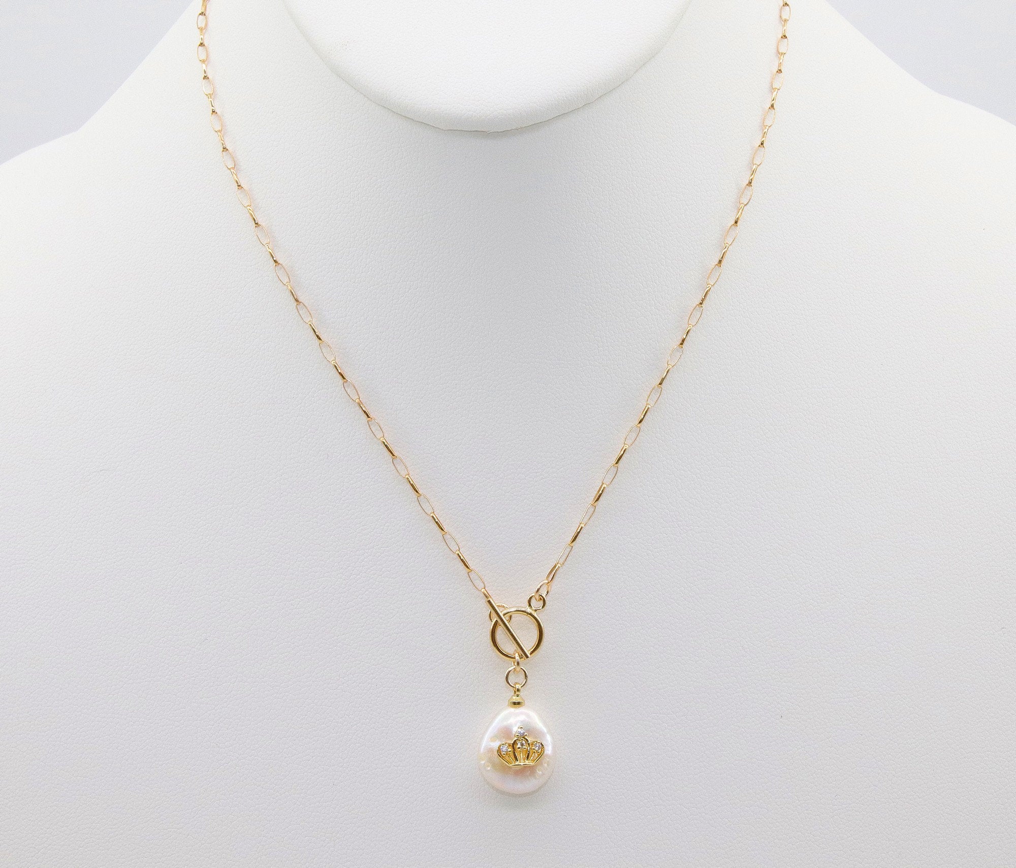 14 K Gold Pearl Cross Necklace, Toggle Front Wrap Layered Choker with Crown, Cross, Evil Eye Jewelry Choker, Dainty Real Pearl Necklace - A Girls Gems