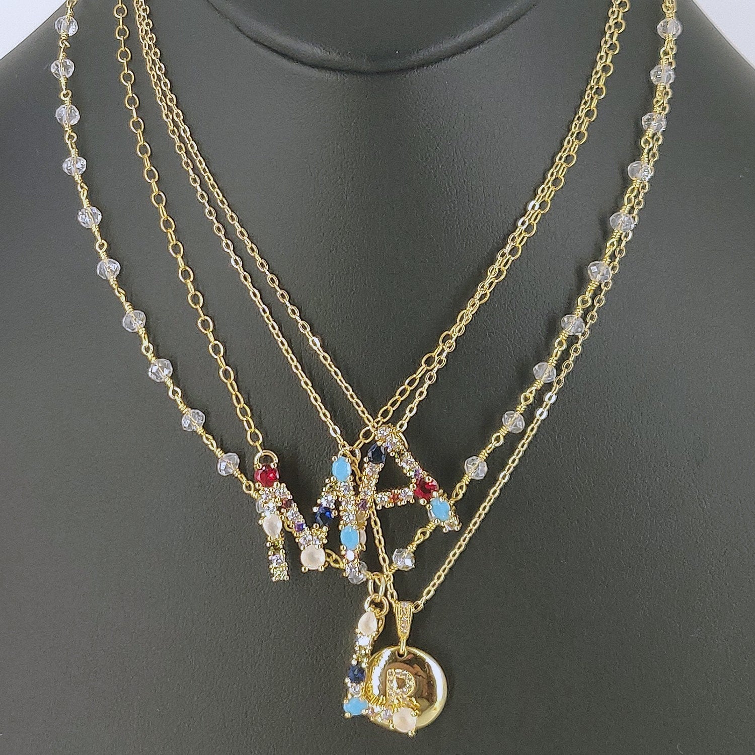 Gold Initial Necklace,  Micro Pave CZ Gold Medallion Coin Disc Alphabet Choker, Handmade Adjustable, Regina Harp Designs - A Girls Gems