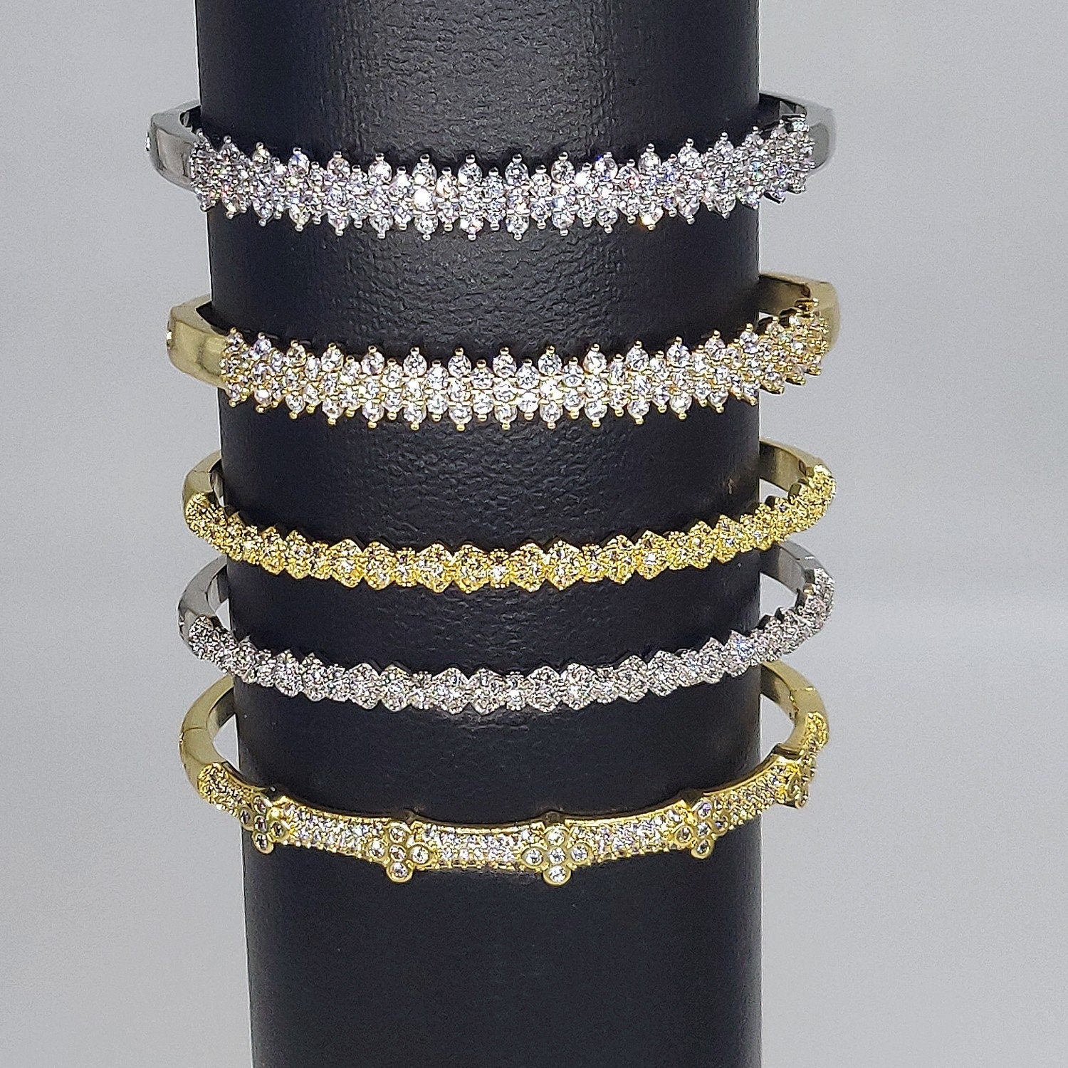 Cubic Zirconia Bracelets for Women, CZ Micro Pave 14 K Gold or White Gold Rhodium Stacking Cuff Bangles, Open/Closes