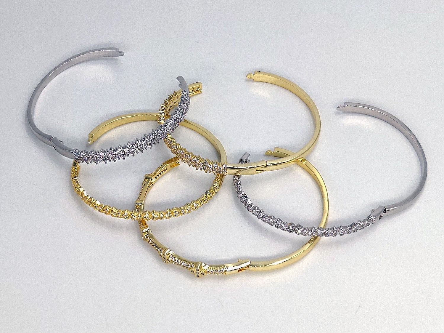Cubic Zirconia Bracelets for Women, CZ Micro Pave 14 K Gold or White Gold Rhodium Stacking Cuff Bangles, Open/Closes