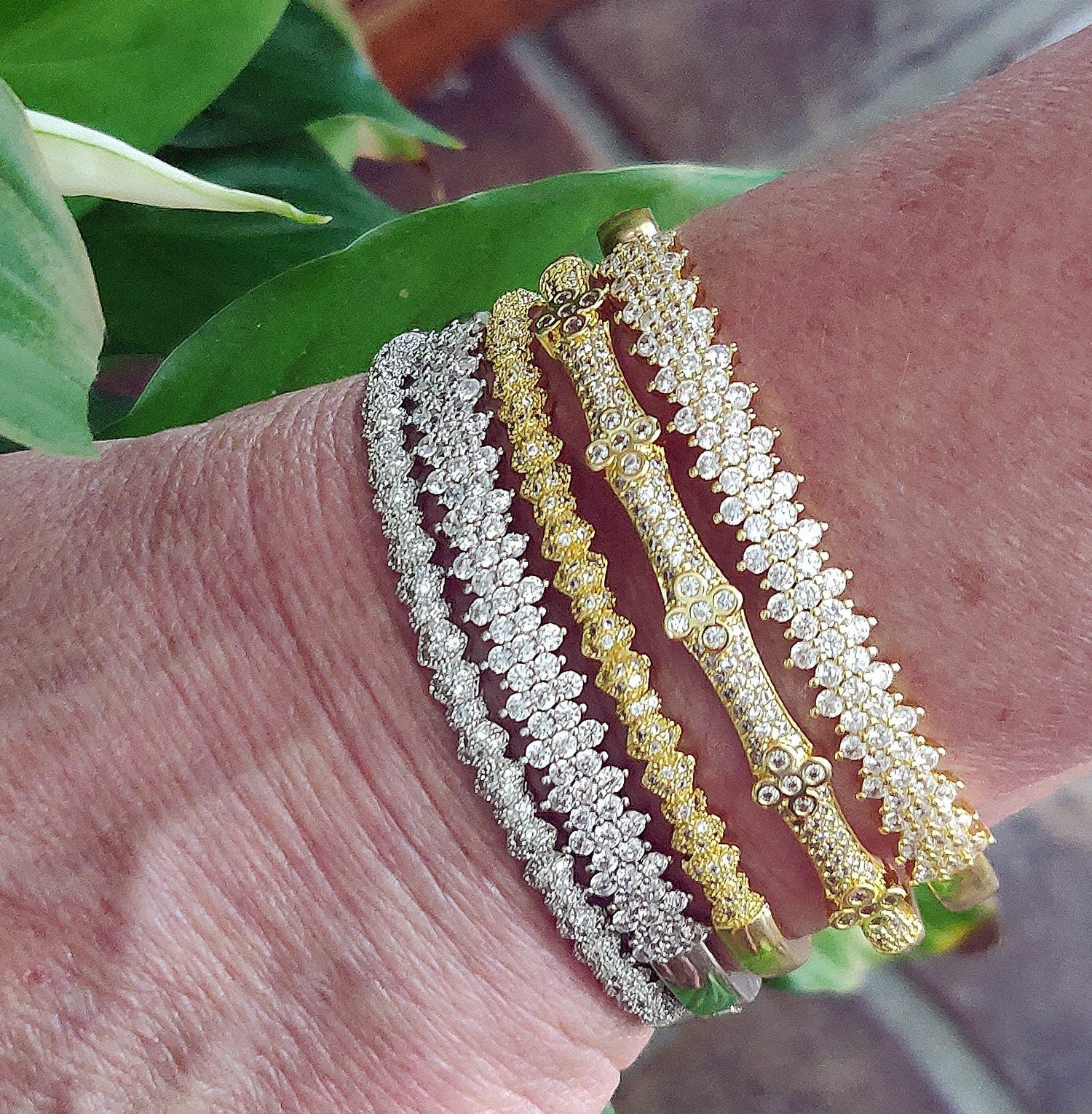 Cubic Zirconia Bracelets for Women, CZ Micro Pave 14 K Gold or White Gold Rhodium Stacking Cuff Bangles, Open/Closes