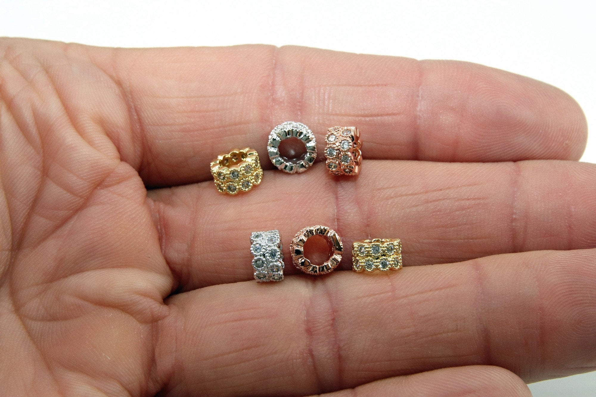 CZ Micro Pave Beads, 2 Pcs Tube Beads 5 mm x 8 mm Cubic Zirconia Hexagon Honeycomb Focal beads, Silver, Gold, Rose Big Hole Beads - A Girls Gems
