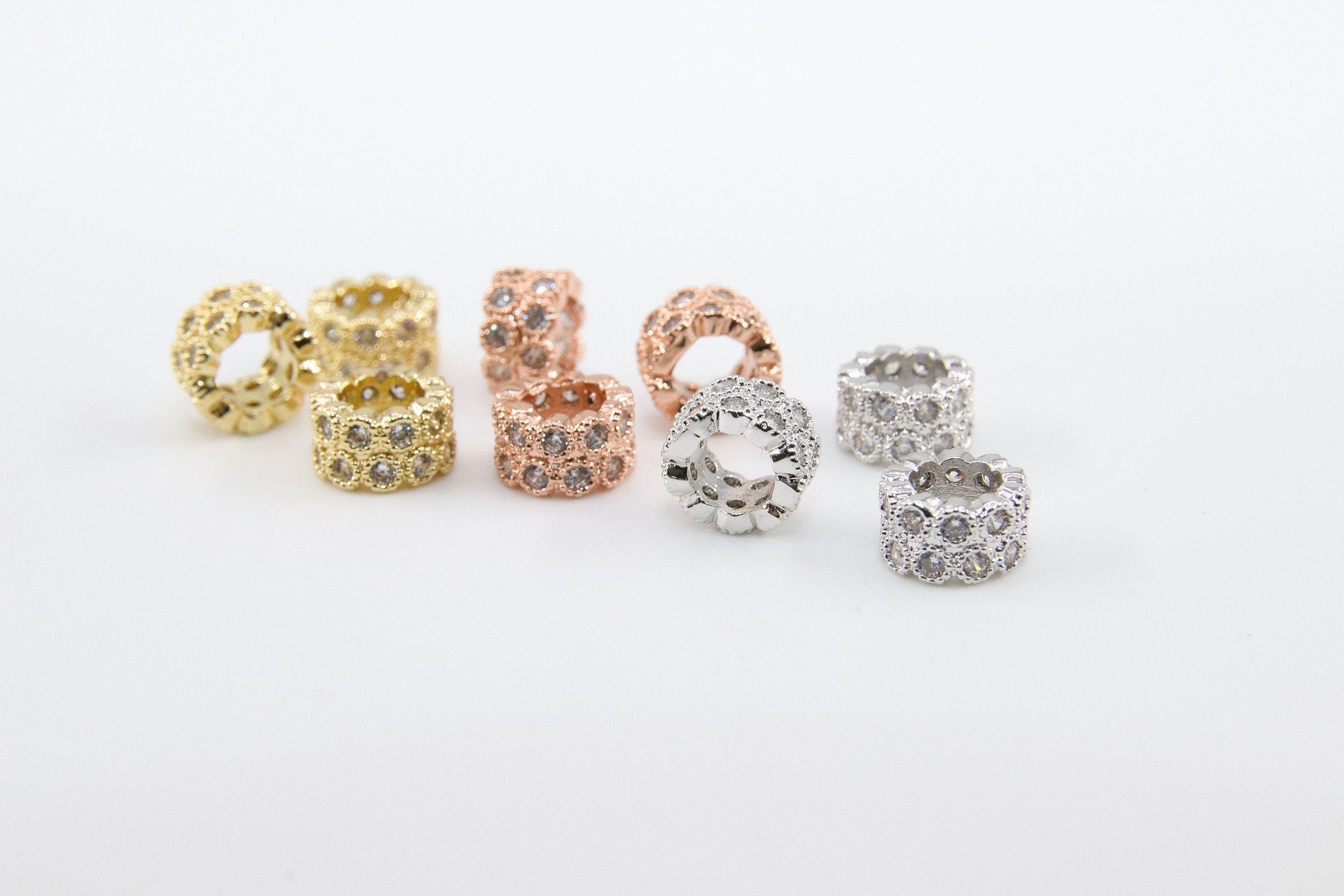 CZ Micro Pave Beads, 2 Pcs Tube Beads 5 mm x 8 mm Cubic Zirconia Hexagon Honeycomb Focal beads, Silver, Gold, Rose Big Hole Beads - A Girls Gems