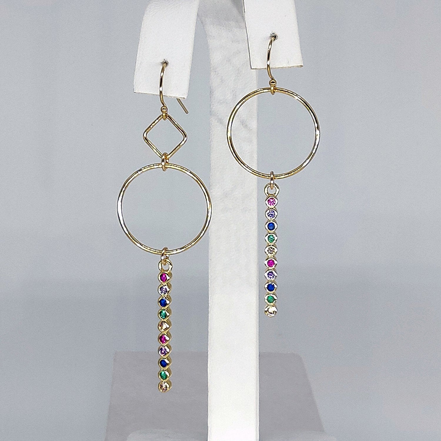 14 k Gold Hoop Dangle Earrings in Gold Rainbow Cubic Zirconia, 2 Links or 1  in 14 K Gold Filled - A Girls Gems
