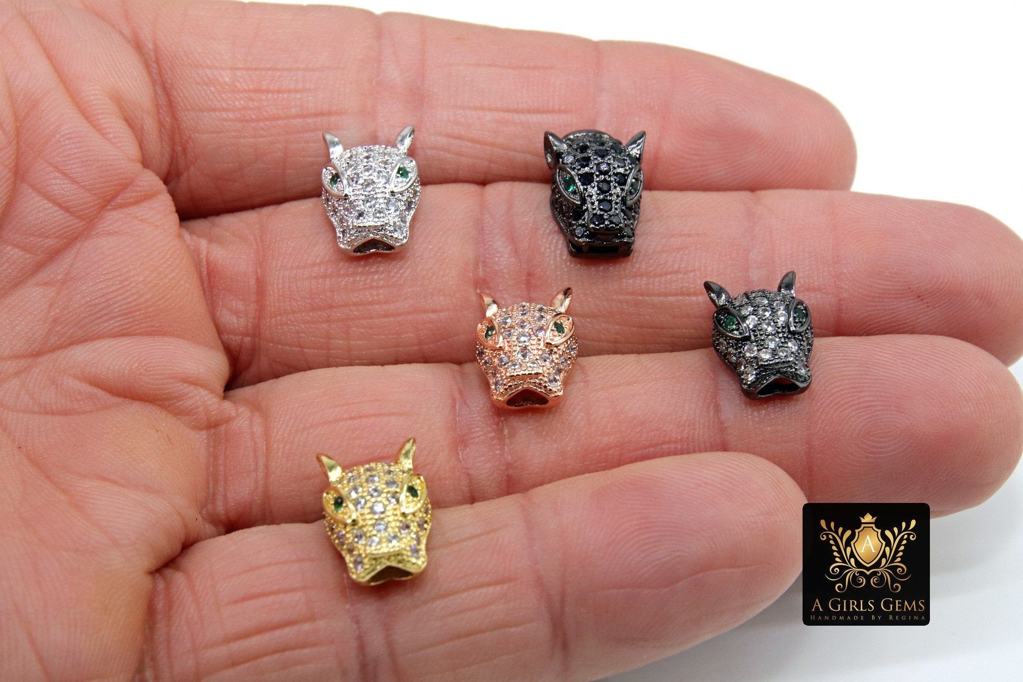 CZ Micro Pave Tiger Head Bead Charm, 4 Pc Leopard Head, Panther Cat Head Bead, Rose, Gold, Silver, Black  10 mm x 15 mm, Animal Head Bead - A Girls Gems