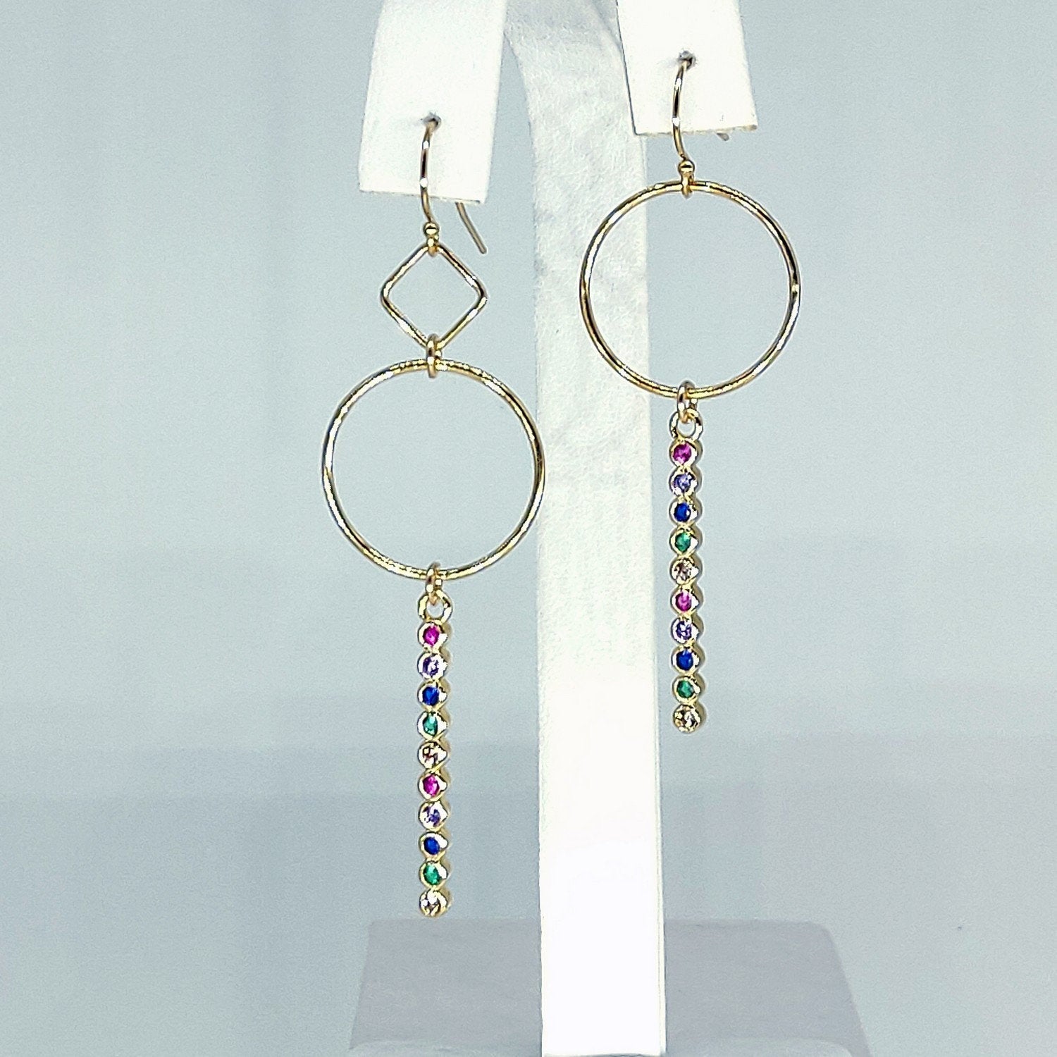 14 k Gold Hoop Dangle Earrings in Gold Rainbow Cubic Zirconia, 2 Links or 1  in 14 K Gold Filled - A Girls Gems