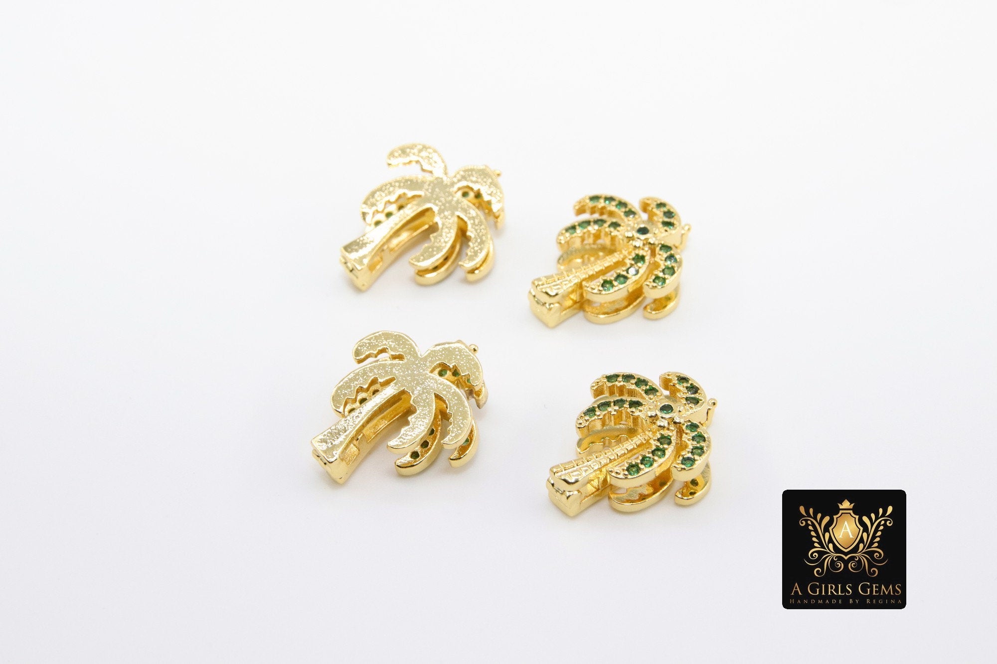 CZ Micro Pave Palm Coconut Tree Slider Charms, Gold Tropical Charms, Beach Ocean Charm Bracelet, 10 mm Flat Leather Color Straps Jewelry - A Girls Gems