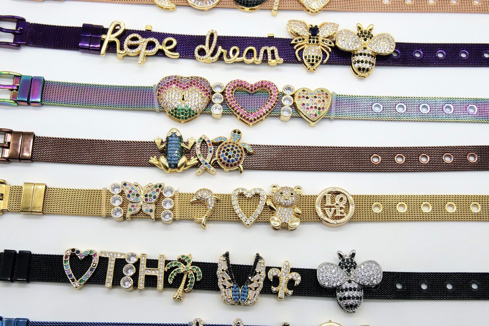 CZ Micro Pave Heart Slider Charms, Silver Blue Turquoise CZ Charms Bracelet - A Girls Gems