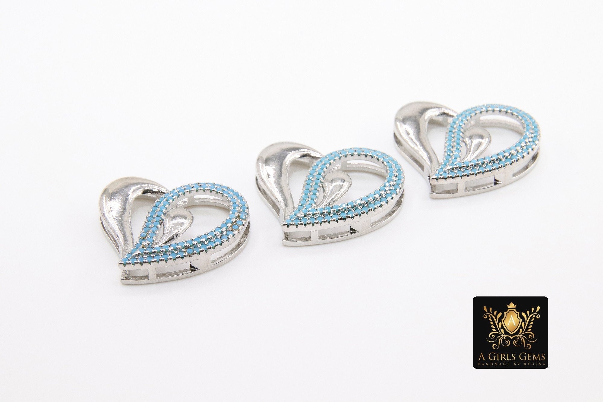 CZ Micro Pave Heart Slider Charms, Silver Blue Turquoise CZ Charms Bracelet - A Girls Gems