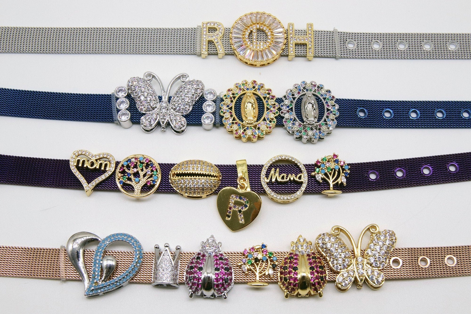 CZ Micro Pave Heart Slider Charms, Silver Blue Turquoise CZ Charms Bracelet - A Girls Gems