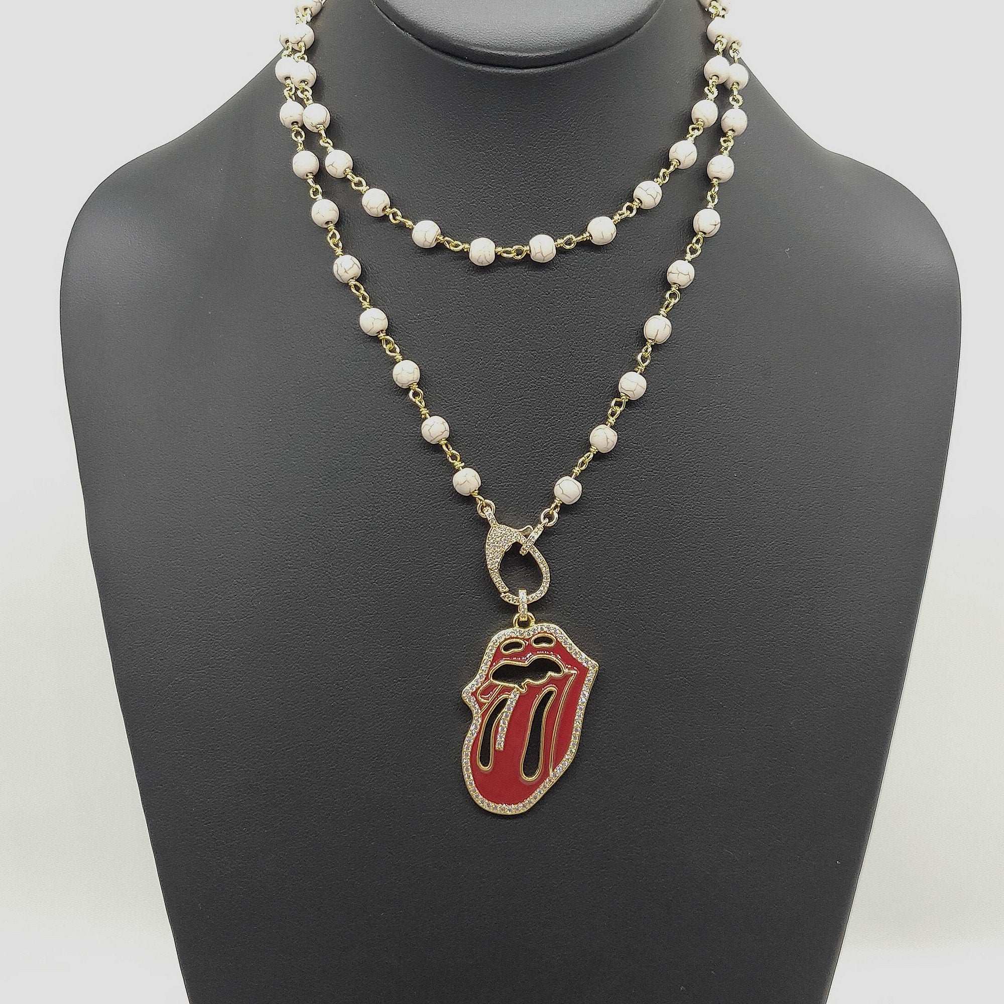 Red Tongue CZ Turquoise Rosary Chain Wrap Necklace - A Girls Gems