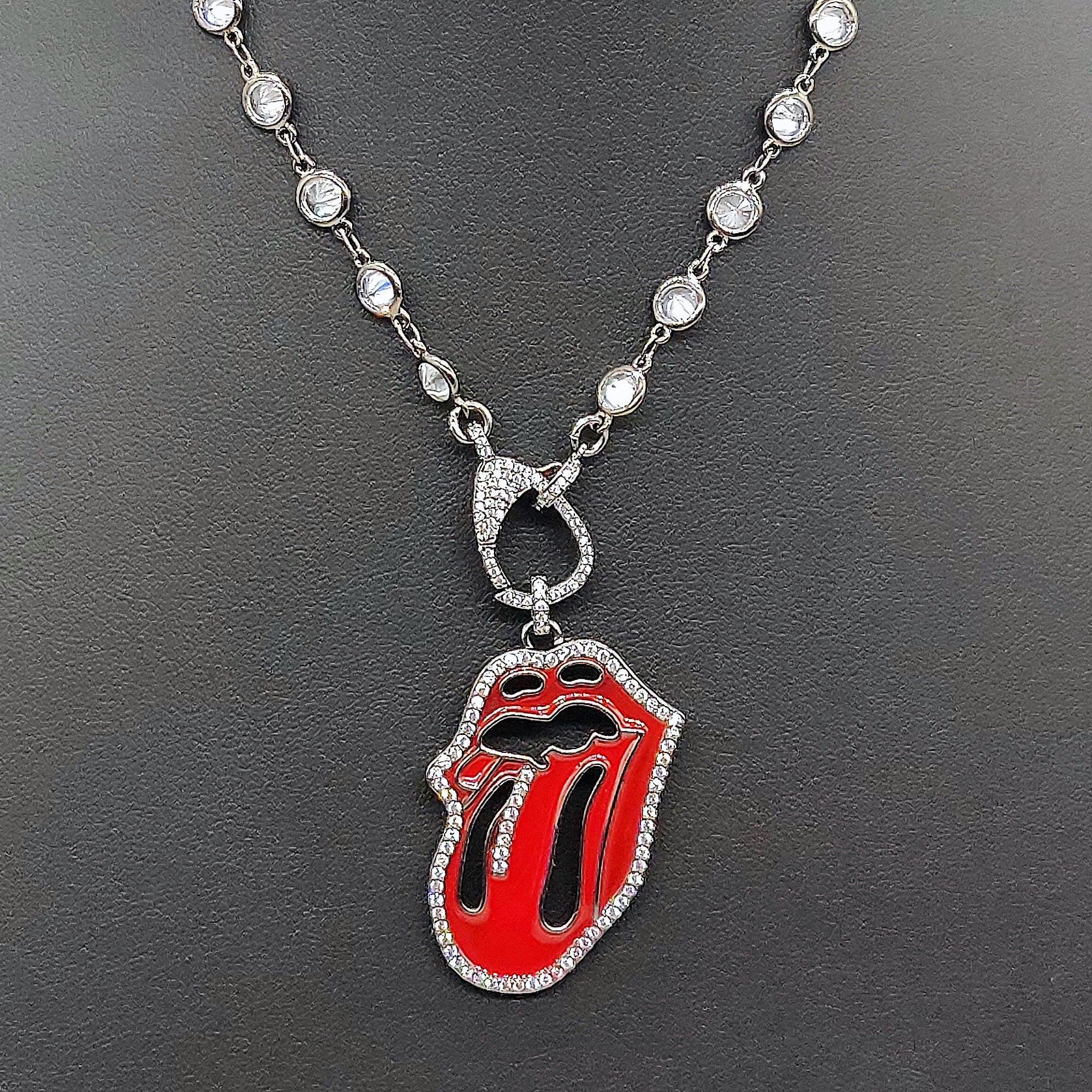 Cubic Zirconia Necklace, Gold or Black Red Tongue Pendant - A Girls Gems