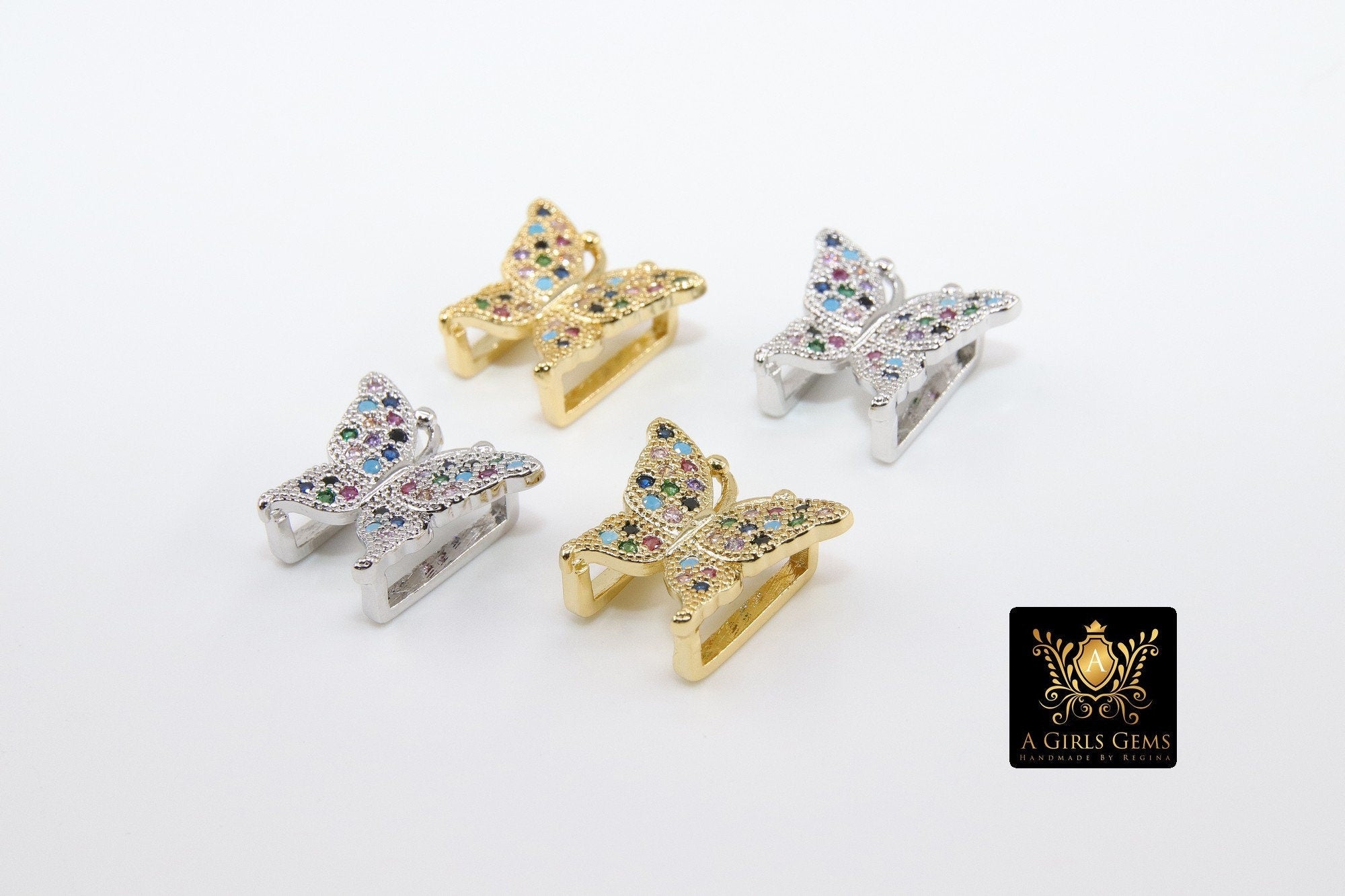 CZ Micro Pave Butterfly Slider Charms, Gold - A Girls Gems