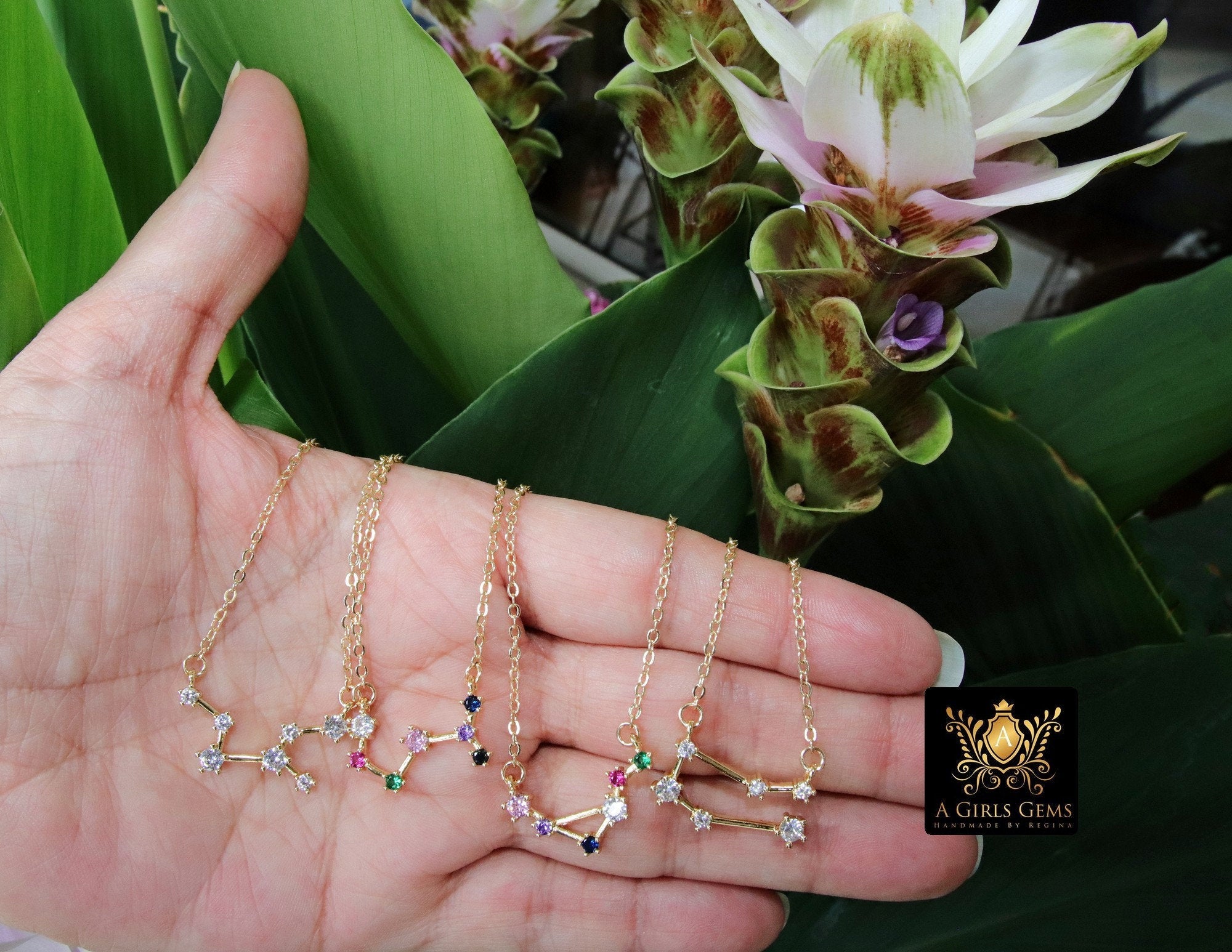 Pisces Necklace, 14 k Gold Fill Zodiac Sign Constellation Horoscope in Clear, Rainbow Cubic Zirconia - A Girls Gems