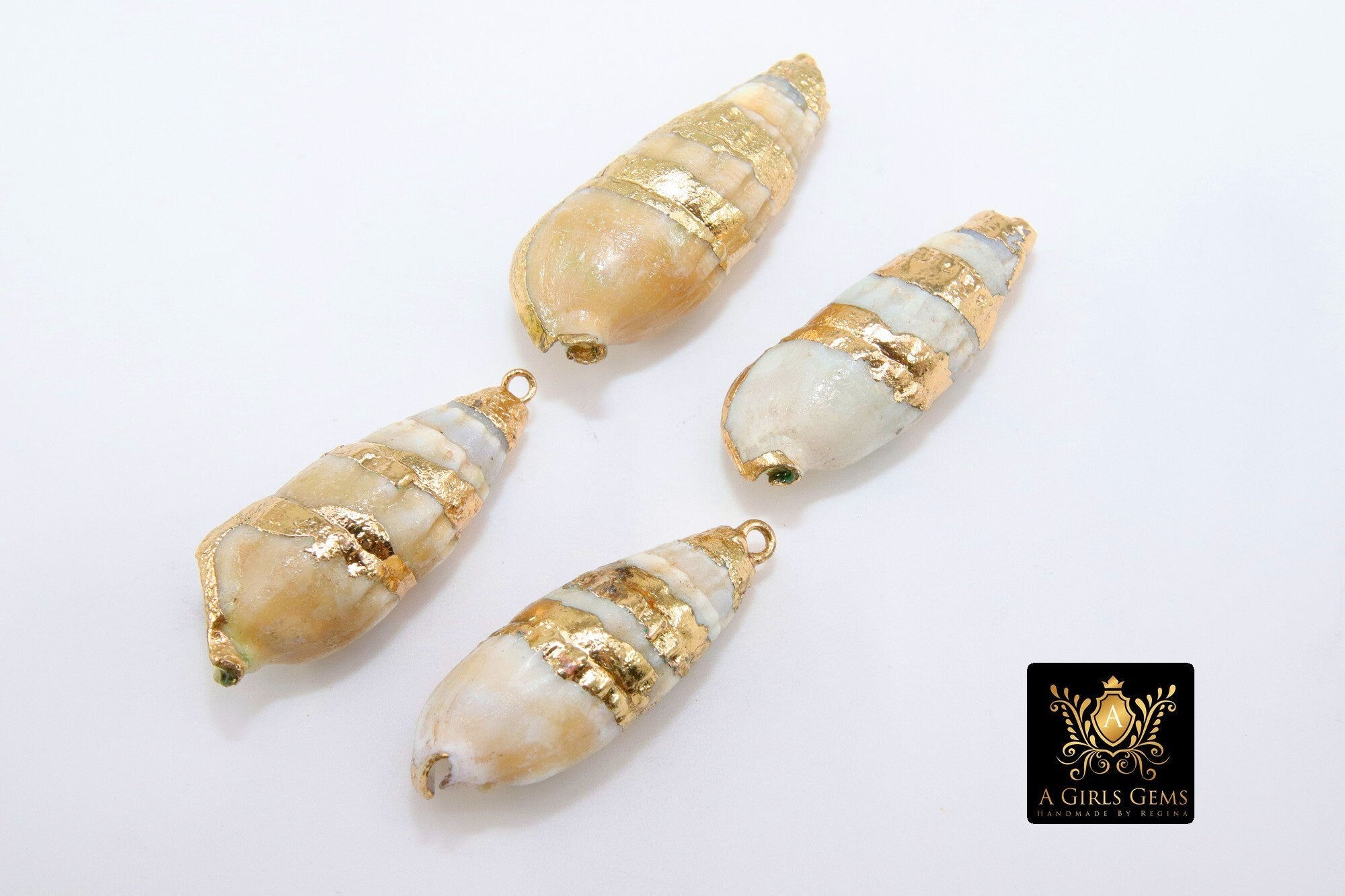 Gold Dipped Edge Conch Seashell Charms, Long Spiral Ocean Reef Jewelry for Boho Beach Necklace