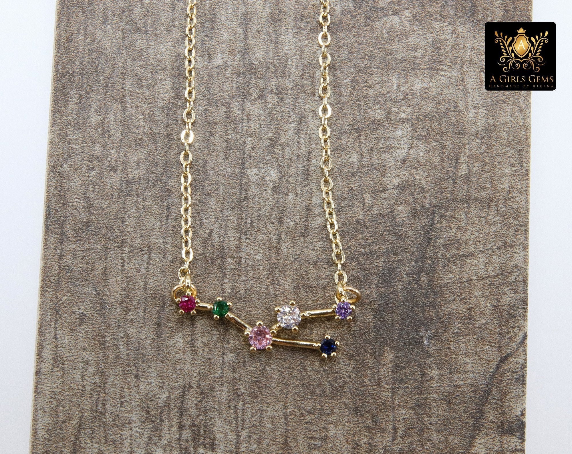 Taurus Zodiac Necklace, 14 k Gold Horoscope Sign Constellation Rainbow Choker, Clear Cubic Zirconia - A Girls Gems