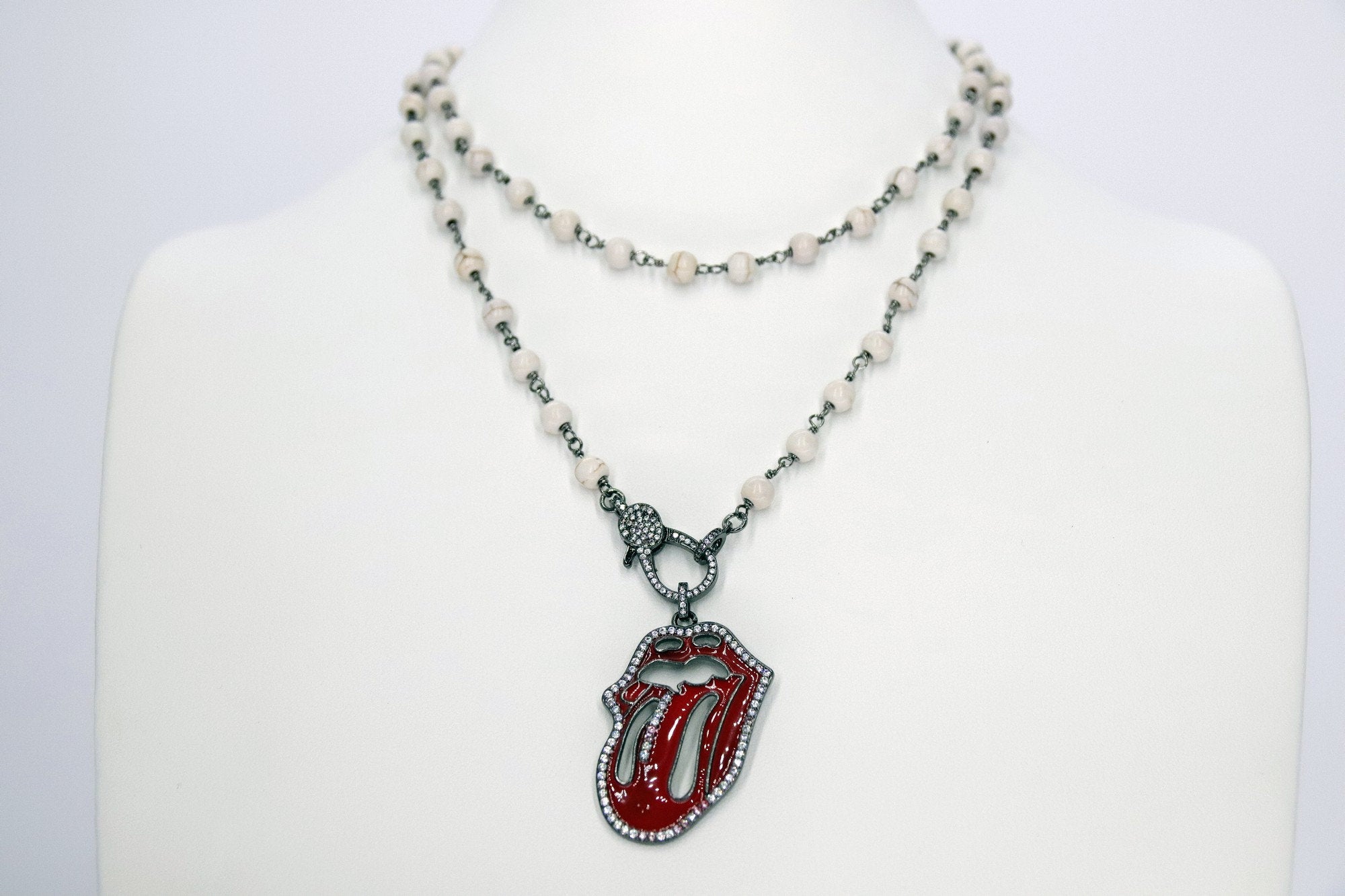 Red Tongue CZ Turquoise Rosary Chain Wrap Necklace - A Girls Gems