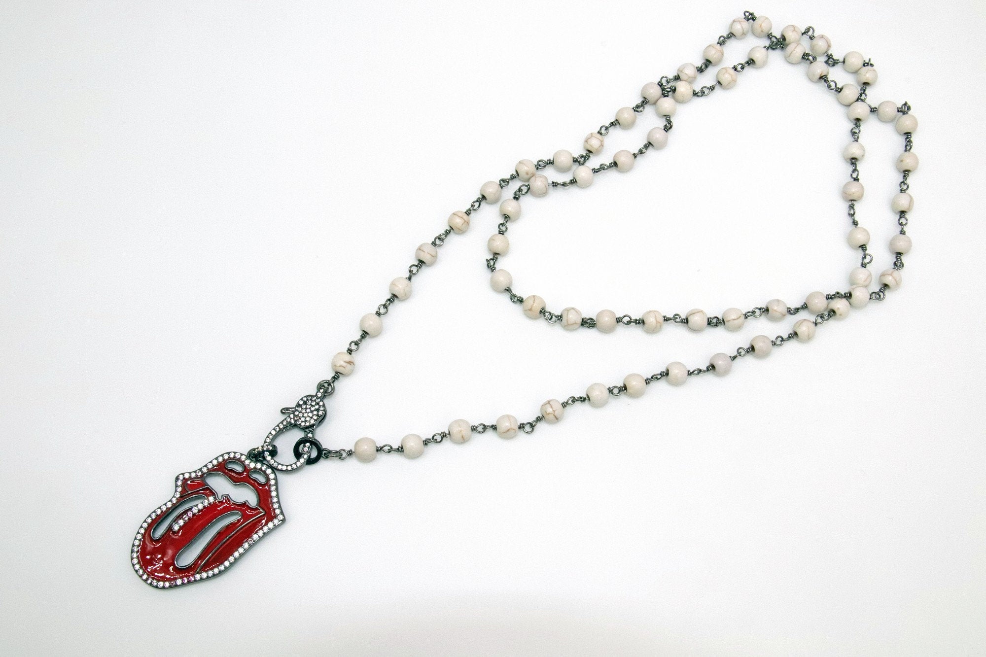 Red Tongue CZ Turquoise Rosary Chain Wrap Necklace - A Girls Gems