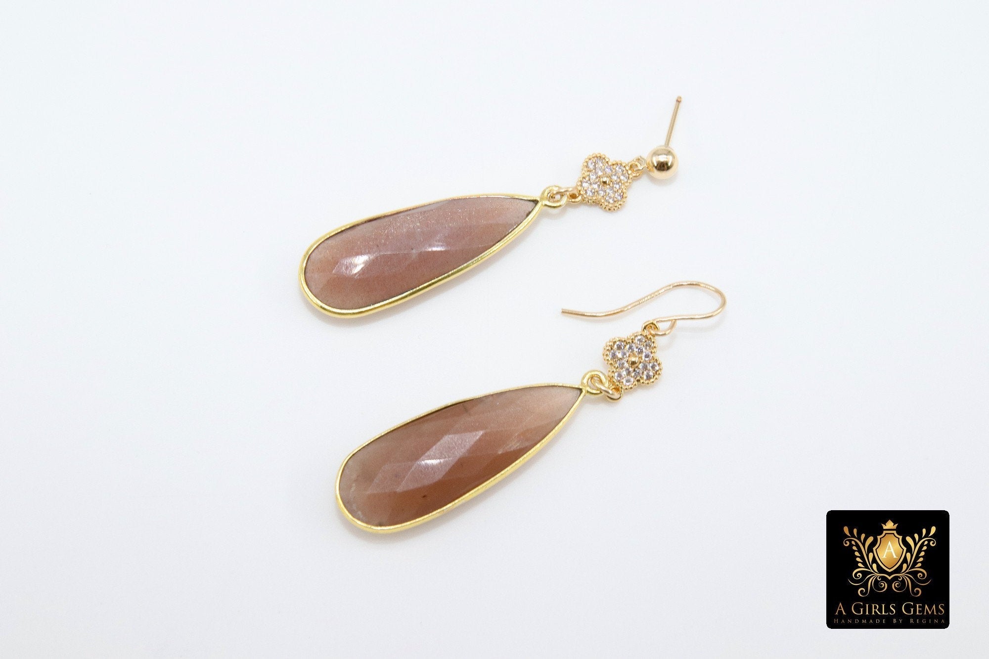 14 K Gold Crystal Quartz Earrings, Gemstones April CZ Diamond Birthstone Dangle Clover Ear Wire Hooks - A Girls Gems