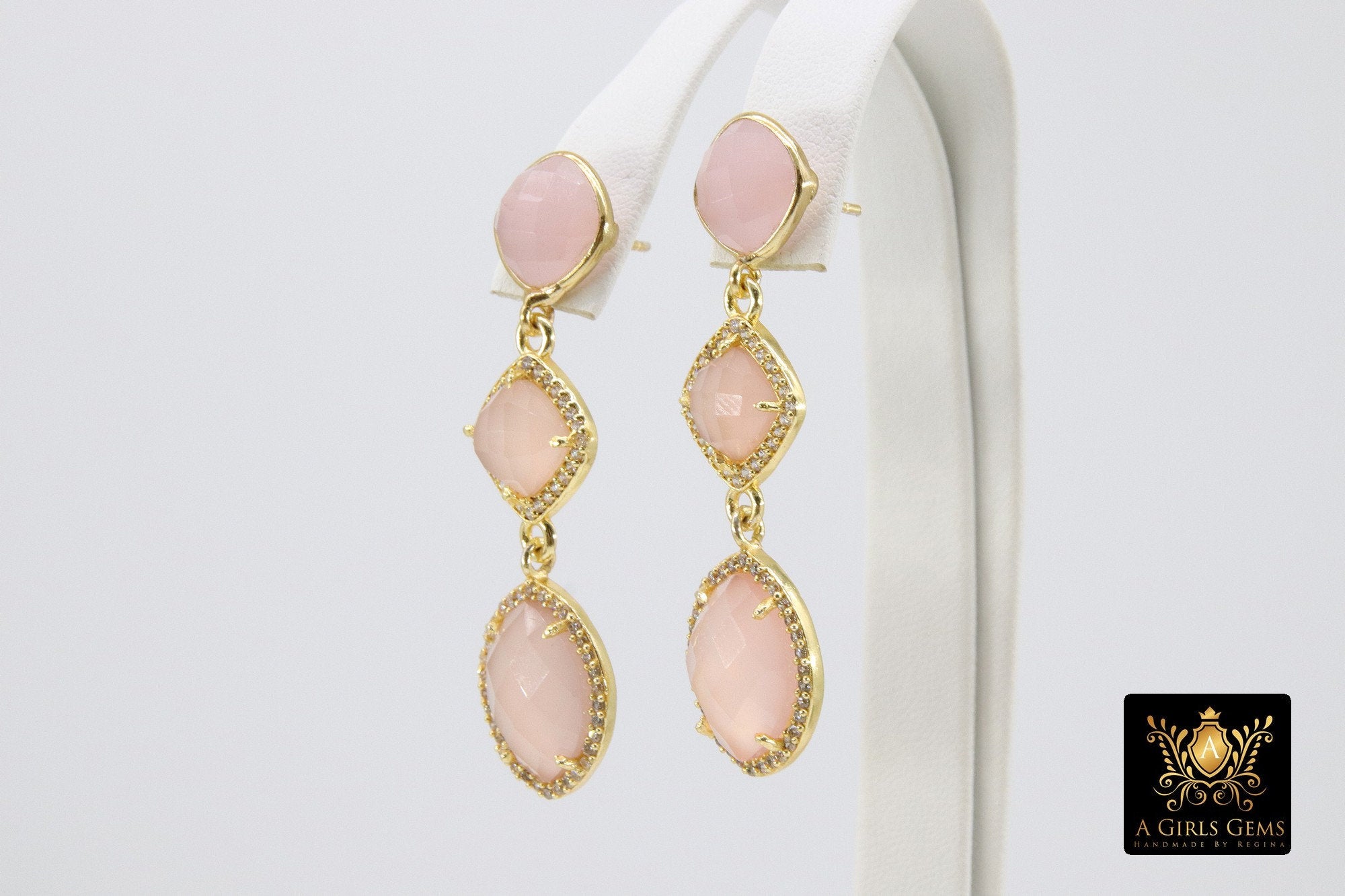 Rose Quartz Earrings, Elegant Formal Drop Earrings, CZ Long Gemstone Dangle Studs, Gold, 925 Pink Opal Jewelry - A Girls Gems