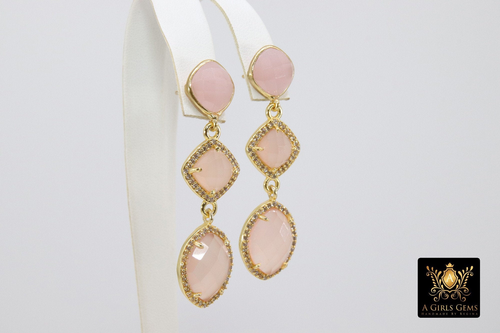 Rose Quartz Earrings, Elegant Formal Drop Earrings, CZ Long Gemstone Dangle Studs, Gold, 925 Pink Opal Jewelry - A Girls Gems