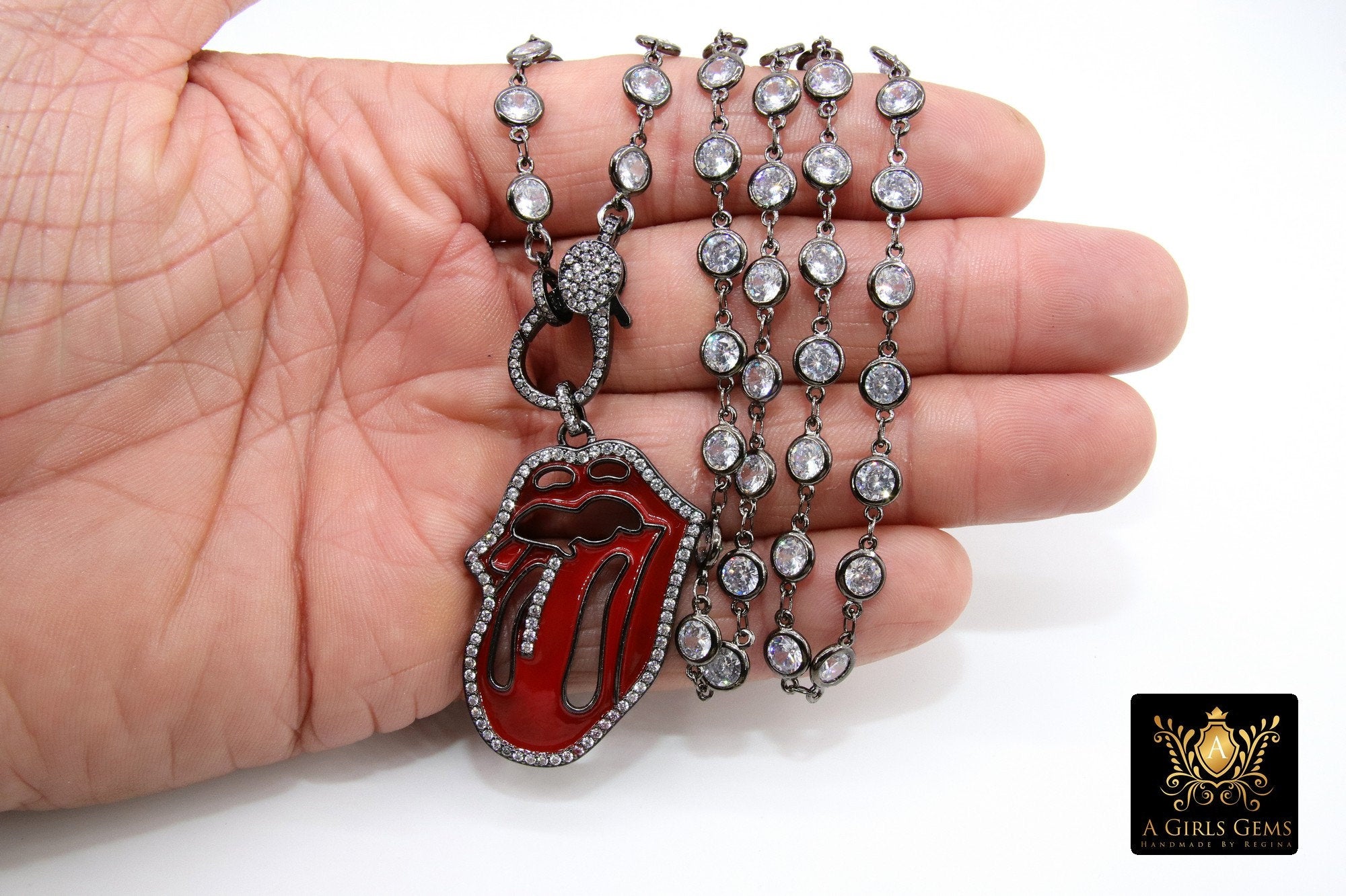 Cubic Zirconia Necklace, Gold or Black Red Tongue Pendant - A Girls Gems