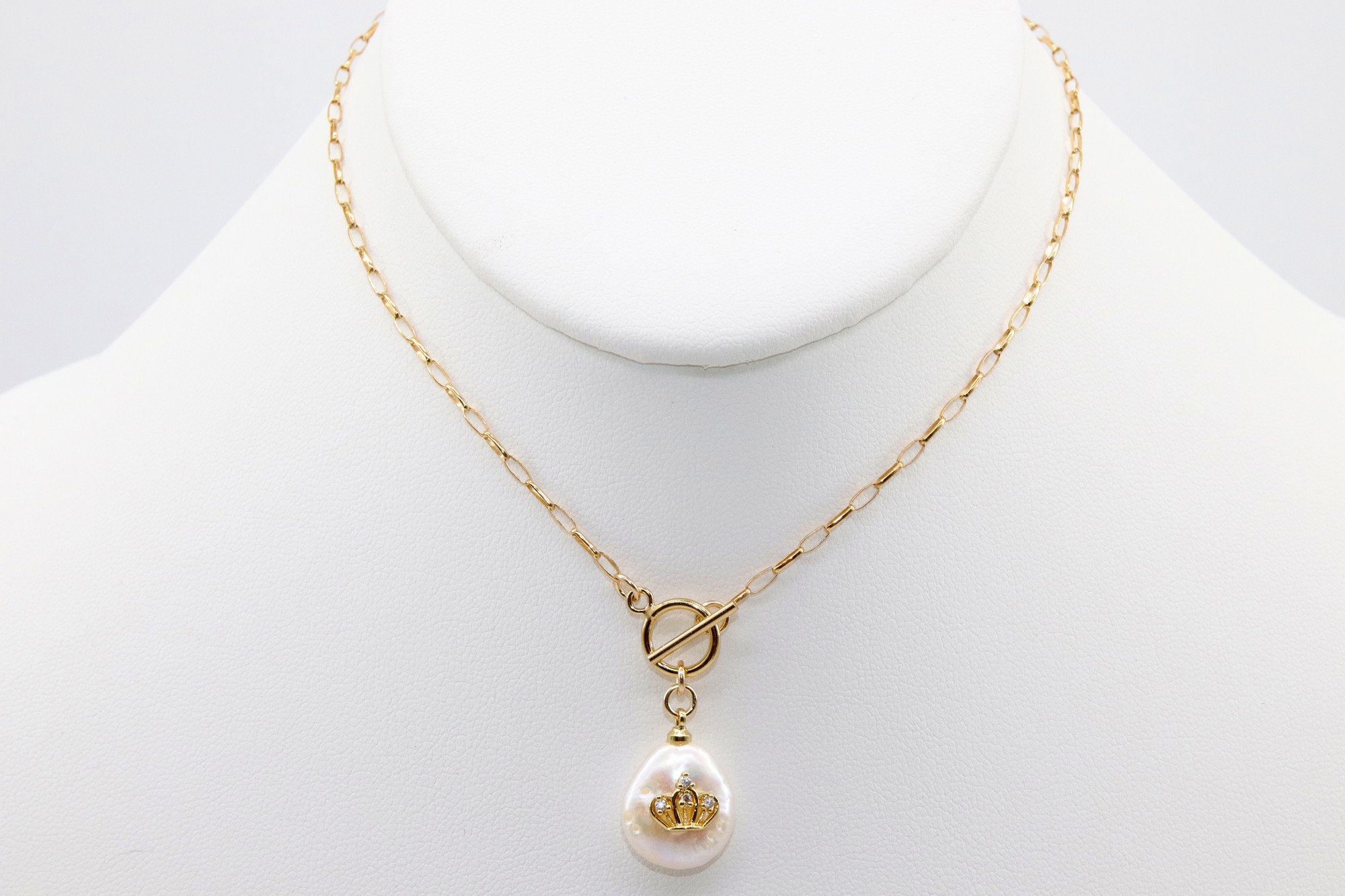 14 K Gold Pearl Cross Necklace, Toggle Front Wrap Layered Choker with Crown, Cross, Evil Eye Jewelry Choker, Dainty Real Pearl Necklace - A Girls Gems