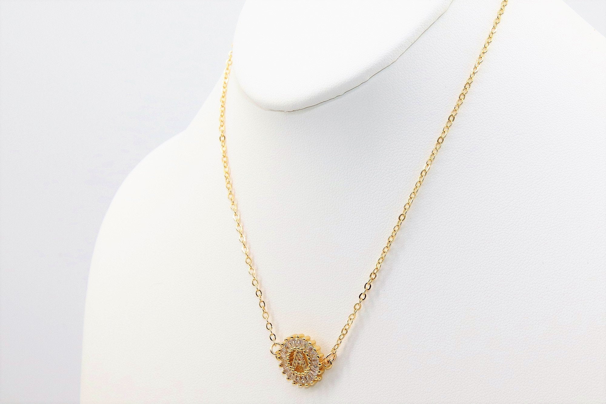 925 Silver Initial Chain Necklace, Cubic Zirconia Baguette Round Gold Disc Letters in Choker, Personalized Alphabet - A Girls Gems