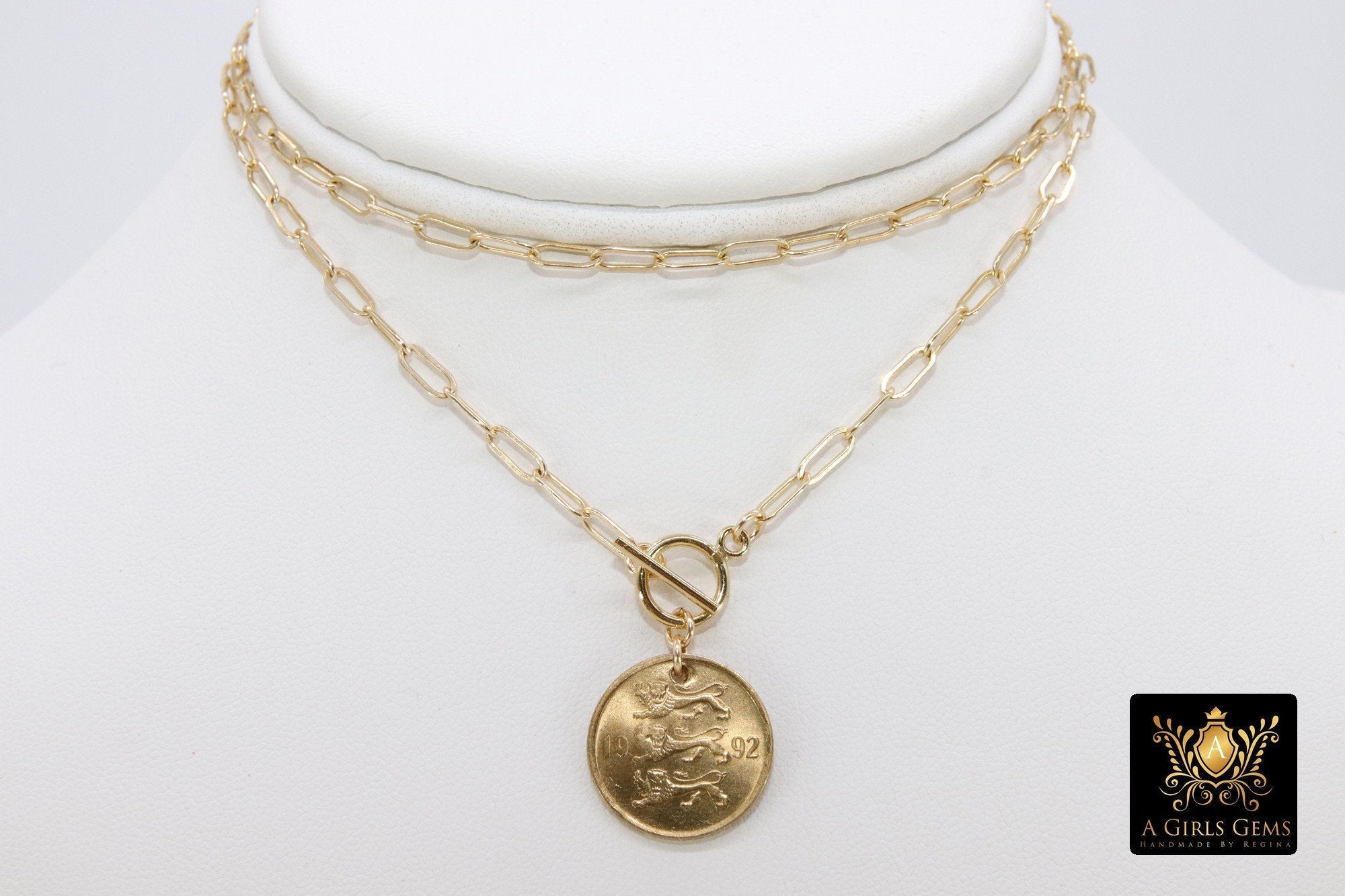 Silver Coin Necklace, 925 Sterling Silver 11 mm Chain, Toggle Wrap Necklace - A Girls Gems