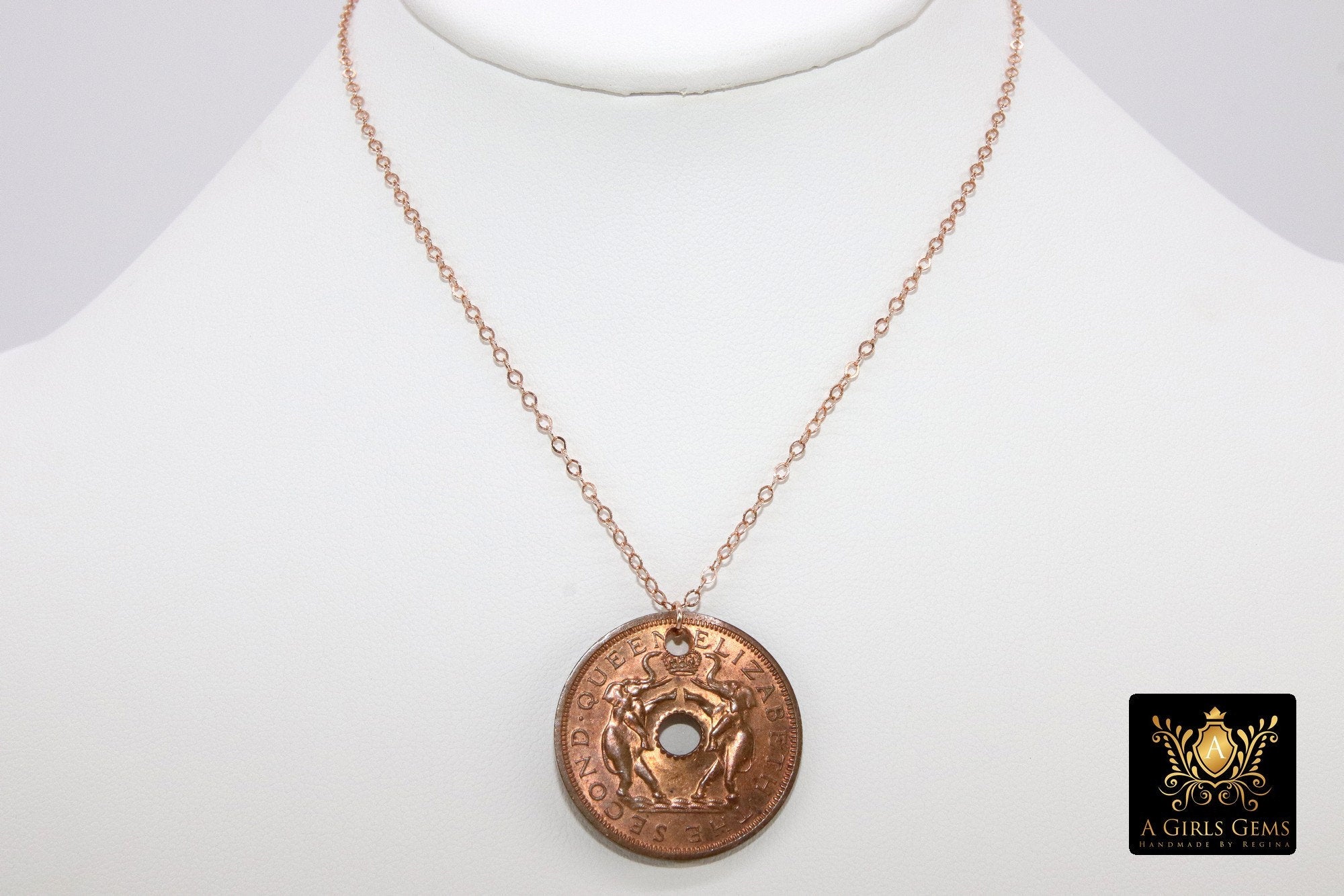 Genuine Coin Necklace, 14 K Rose Gold Filled Dainty Chain with Elephant Medallion - A Girls Gems