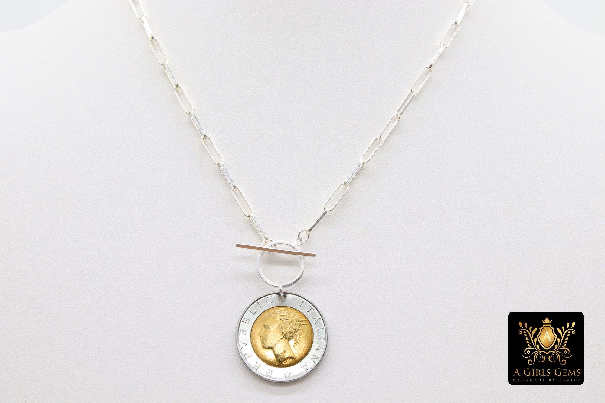 Silver Coin Necklace, 925 Sterling Silver 11 mm Chain, Toggle Wrap Necklace - A Girls Gems