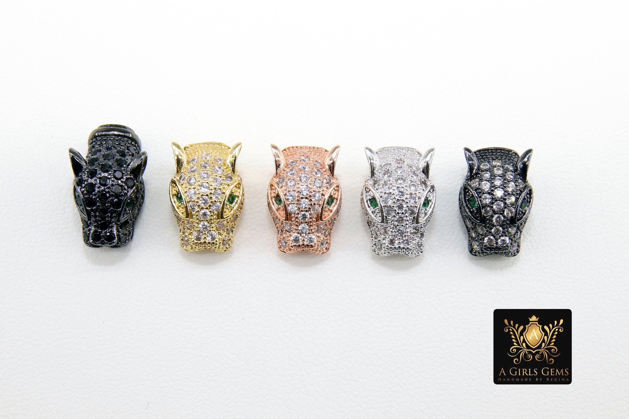 CZ Micro Pave Tiger Head Bead Charm, 4 Pc Leopard Head, Panther Cat Head Bead, Rose, Gold, Silver, Black  10 mm x 15 mm, Animal Head Bead - A Girls Gems