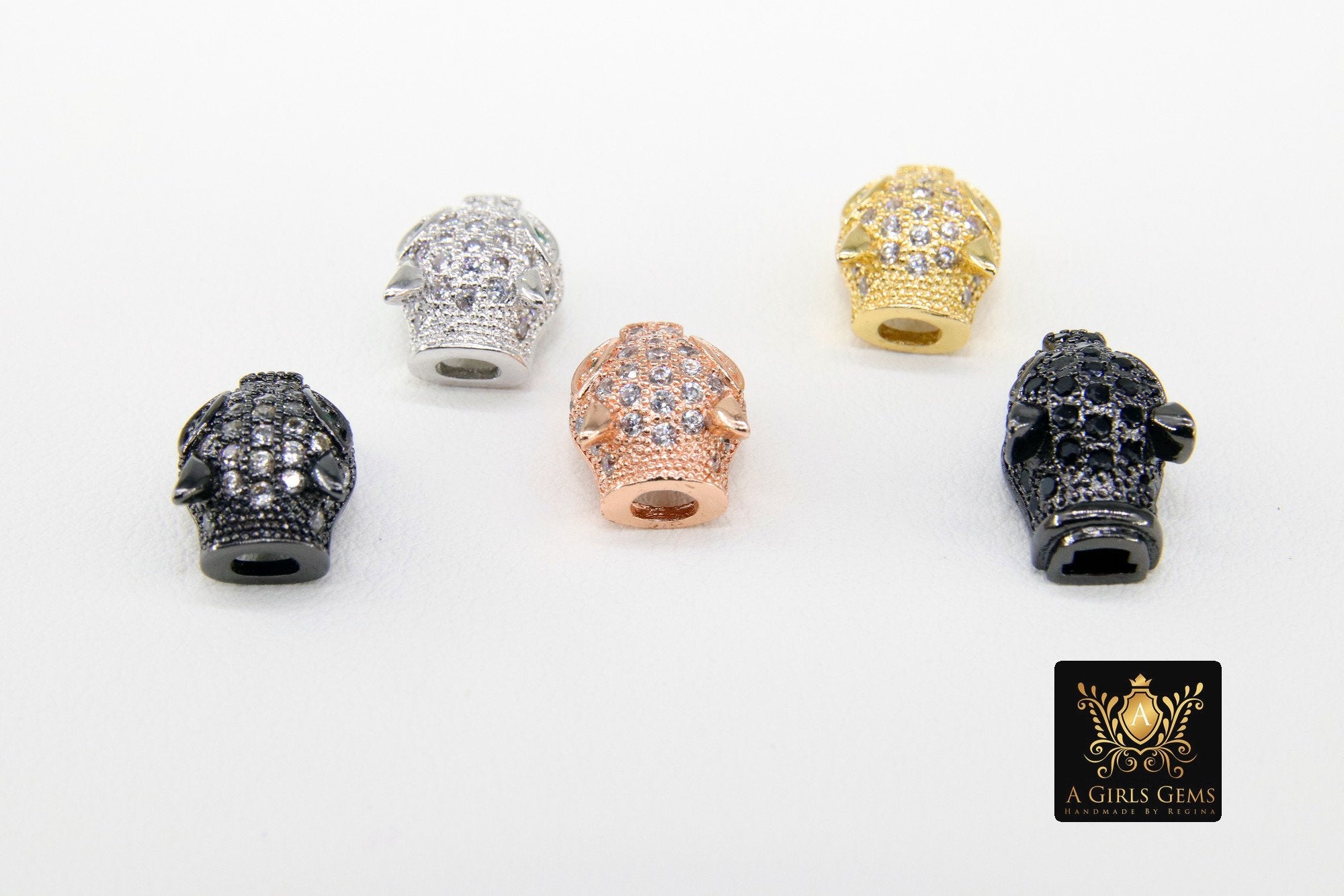 CZ Micro Pave Tiger Head Bead Charm, 4 Pc Leopard Head, Panther Cat Head Bead, Rose, Gold, Silver, Black  10 mm x 15 mm, Animal Head Bead - A Girls Gems