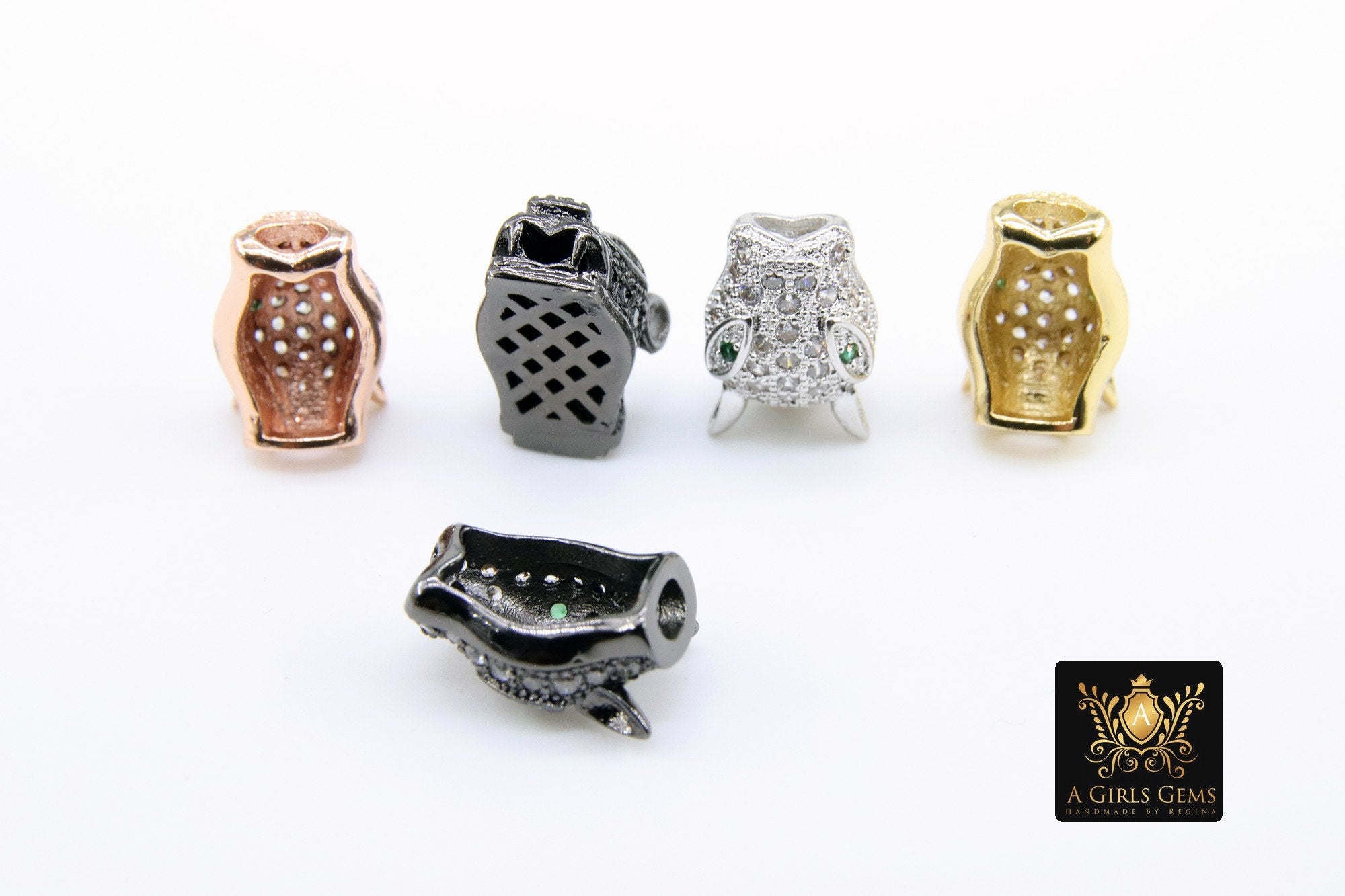 CZ Micro Pave Tiger Head Bead Charm, 4 Pc Leopard Head, Panther Cat Head Bead, Rose, Gold, Silver, Black  10 mm x 15 mm, Animal Head Bead - A Girls Gems