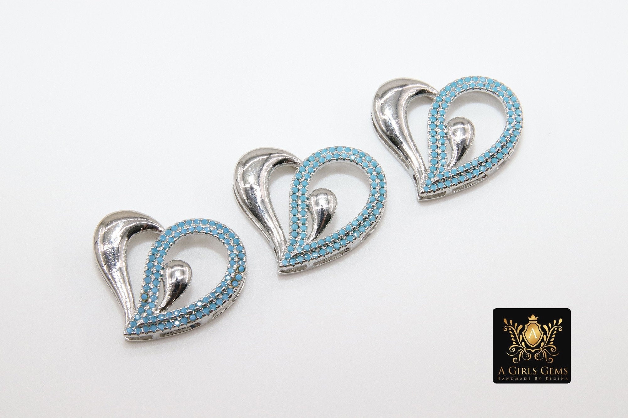 CZ Micro Pave Heart Slider Charms, Silver Blue Turquoise CZ Charms Bracelet - A Girls Gems