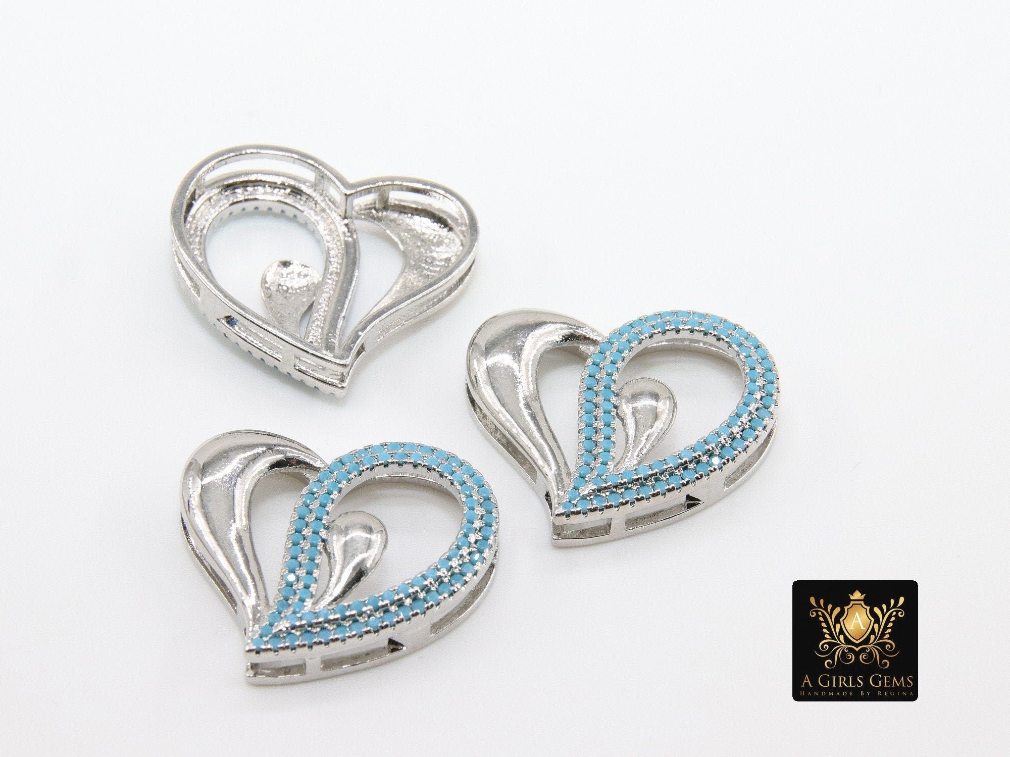 CZ Micro Pave Heart Slider Charms, Silver Blue Turquoise CZ Charms Bracelet - A Girls Gems