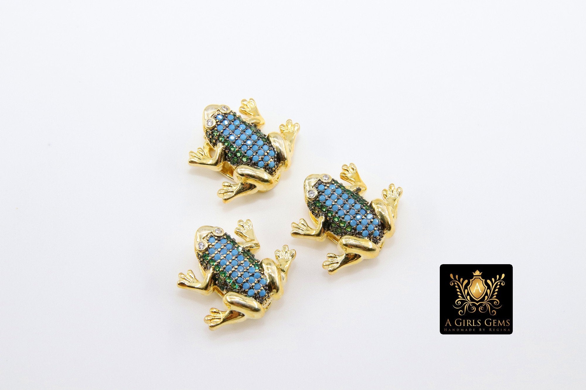 CZ Micro Pave Frog Slider Charms, Gold 3D Colorful Amphibian Blue, Green CZ Pendant Toad Bracelet, Flat Leather or Colorful Straps Jewelry - A Girls Gems