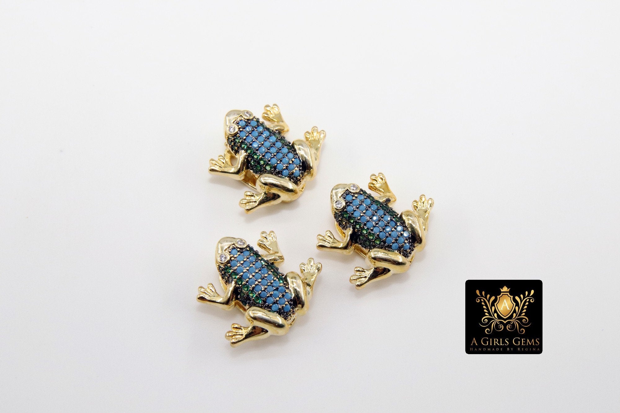 CZ Micro Pave Frog Slider Charms, Gold 3D Colorful Amphibian Blue, Green CZ Pendant Toad Bracelet, Flat Leather or Colorful Straps Jewelry - A Girls Gems