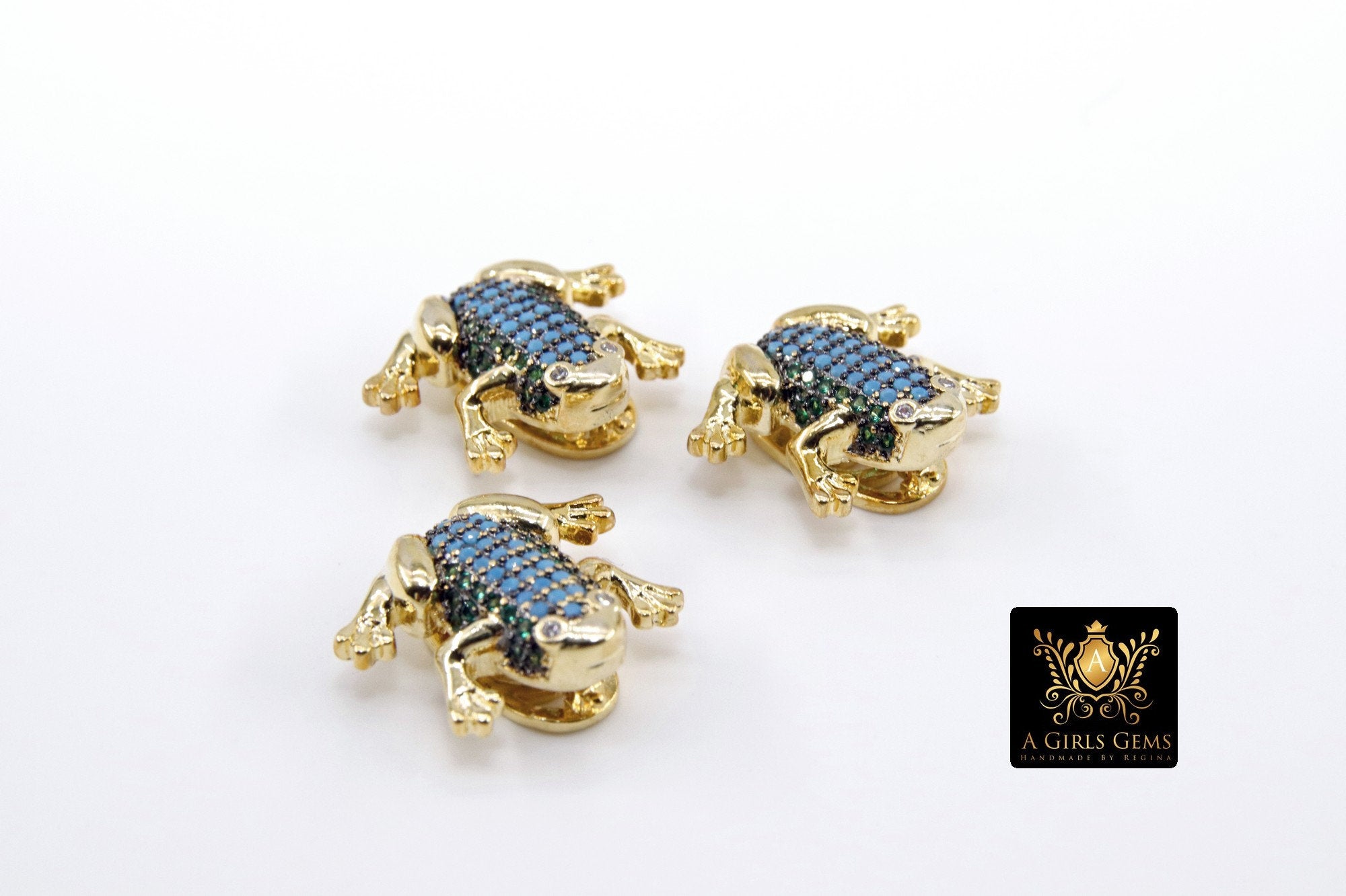 CZ Micro Pave Frog Slider Charms, Gold 3D Colorful Amphibian Blue, Green CZ Pendant Toad Bracelet, Flat Leather or Colorful Straps Jewelry - A Girls Gems