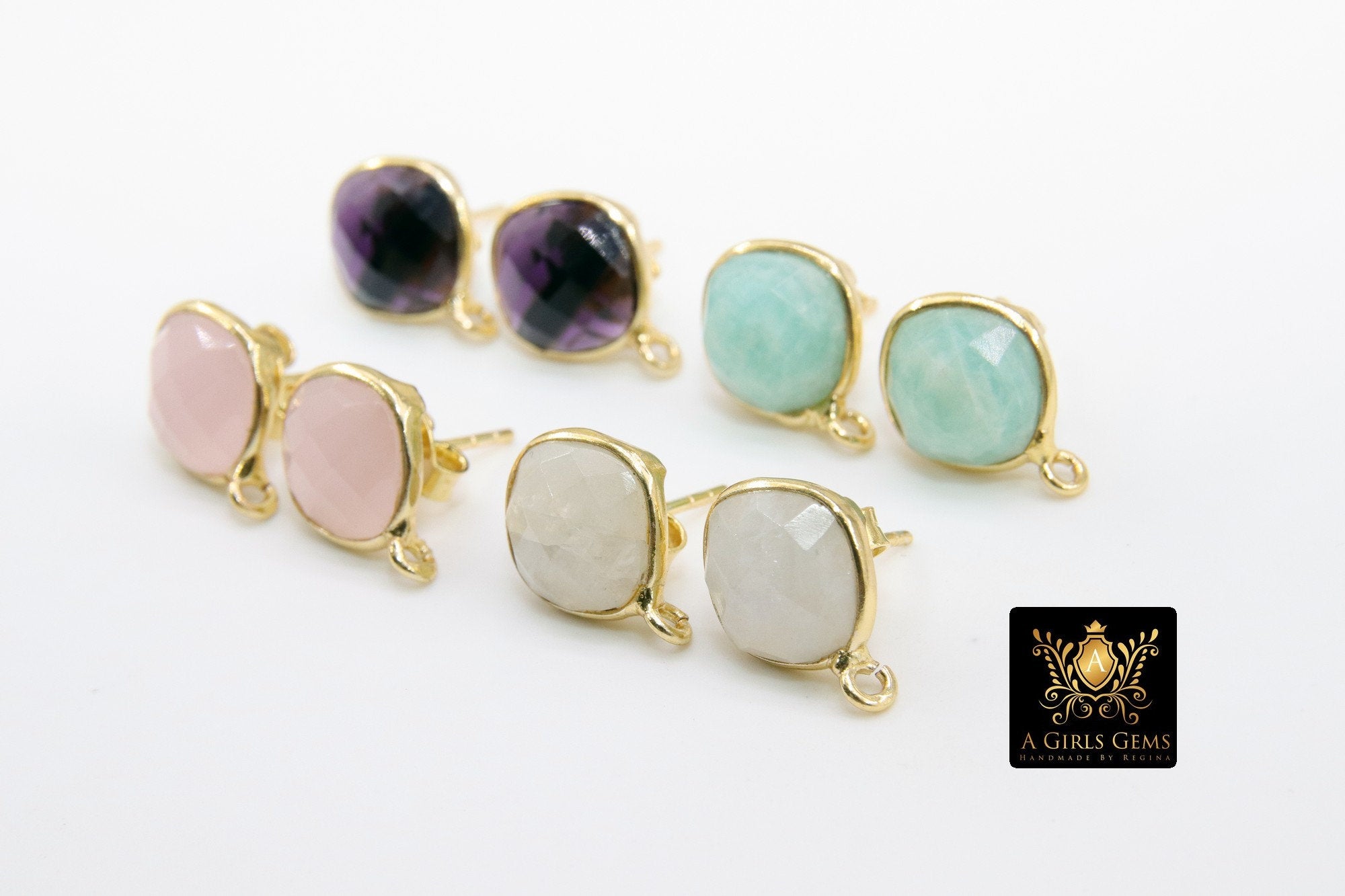 Iolite Gold Plated 925 Sterling Silver Stud Gemstone Earrings with Loops, Purple Square - A Girls Gems