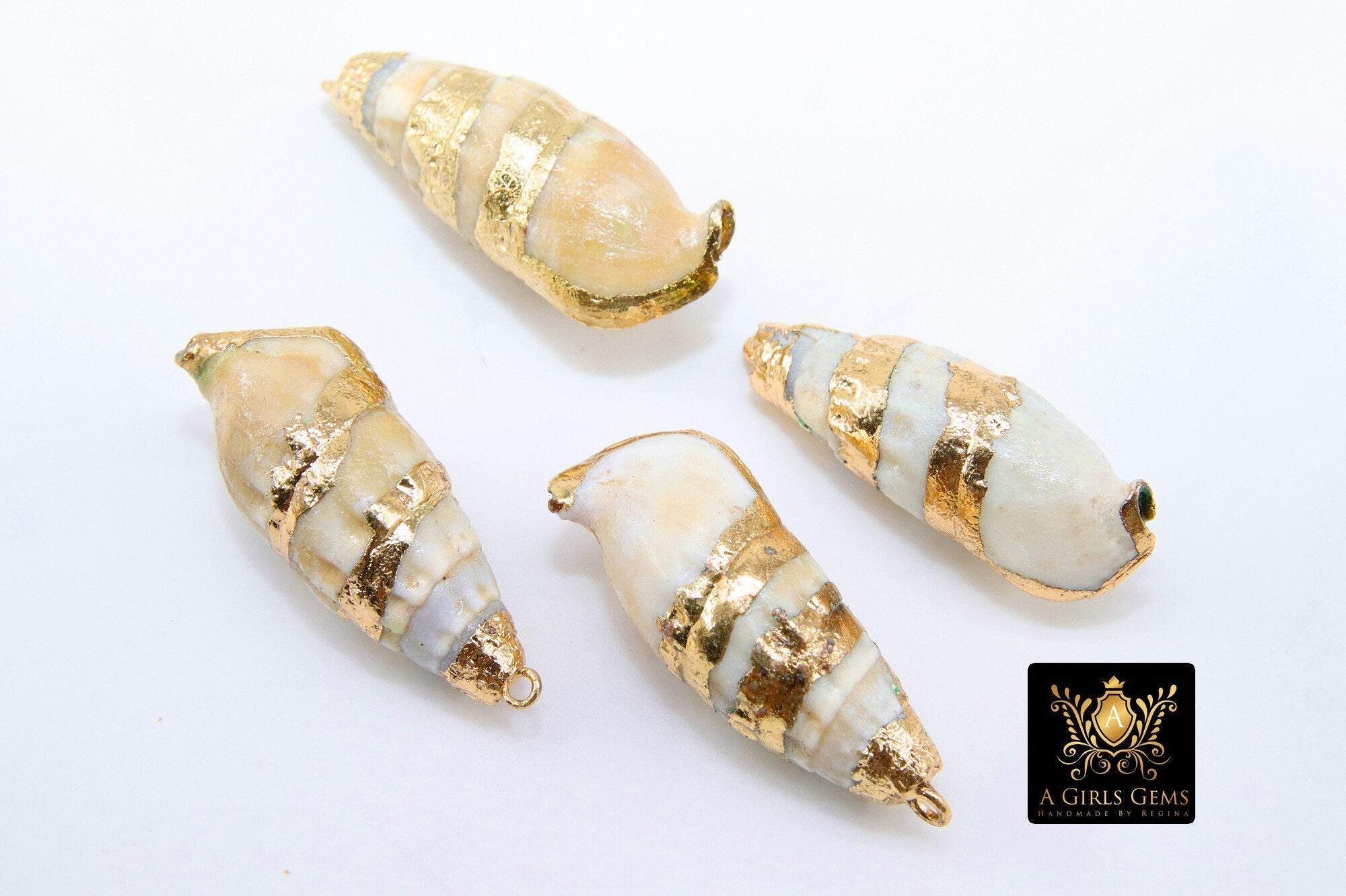 Gold Dipped Edge Conch Seashell Charms, Long Spiral Ocean Reef Jewelry for Boho Beach Necklace