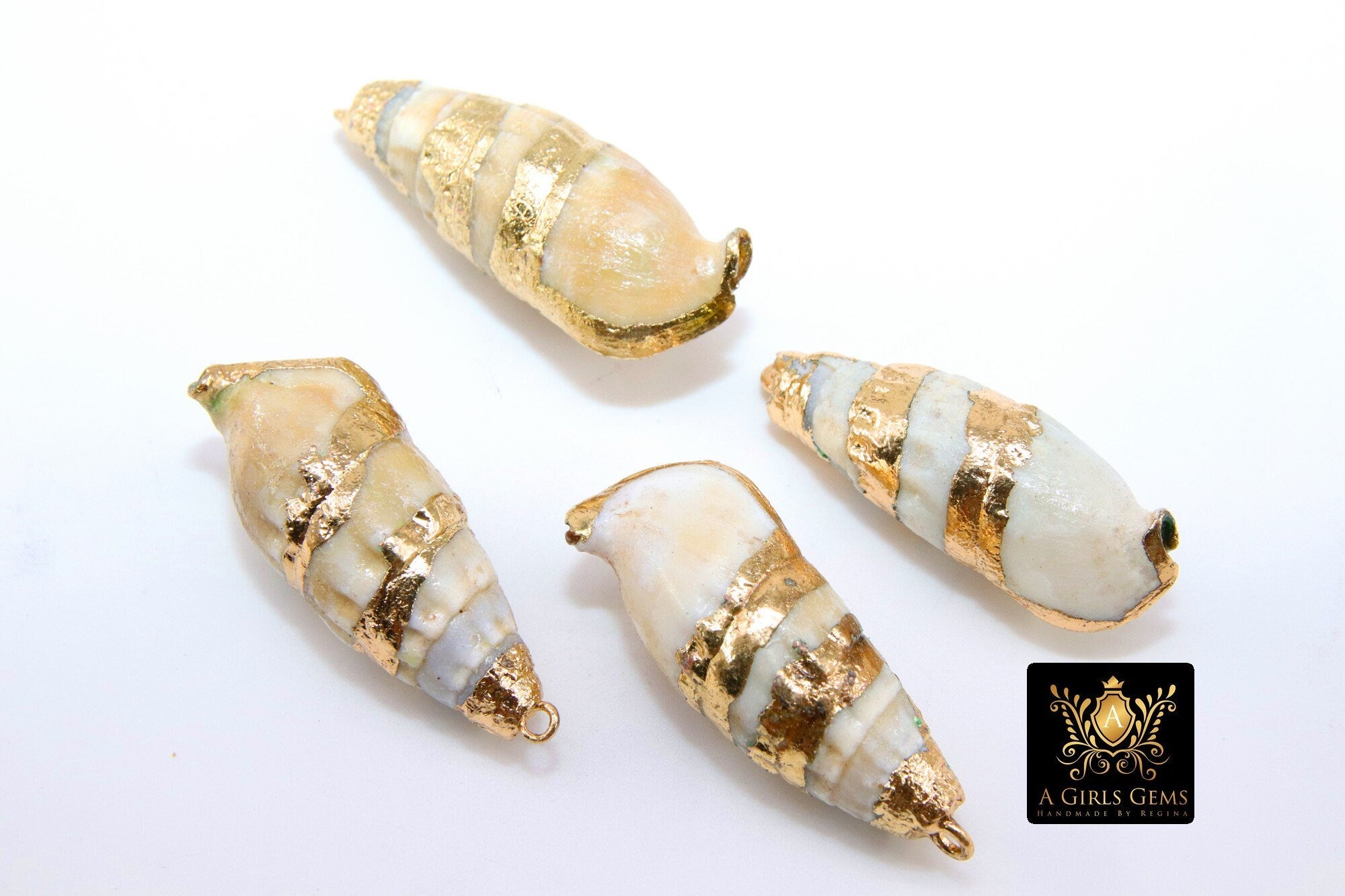 Gold Dipped Edge Conch Seashell Charms, Long Spiral Ocean Reef Jewelry for Boho Beach Necklace
