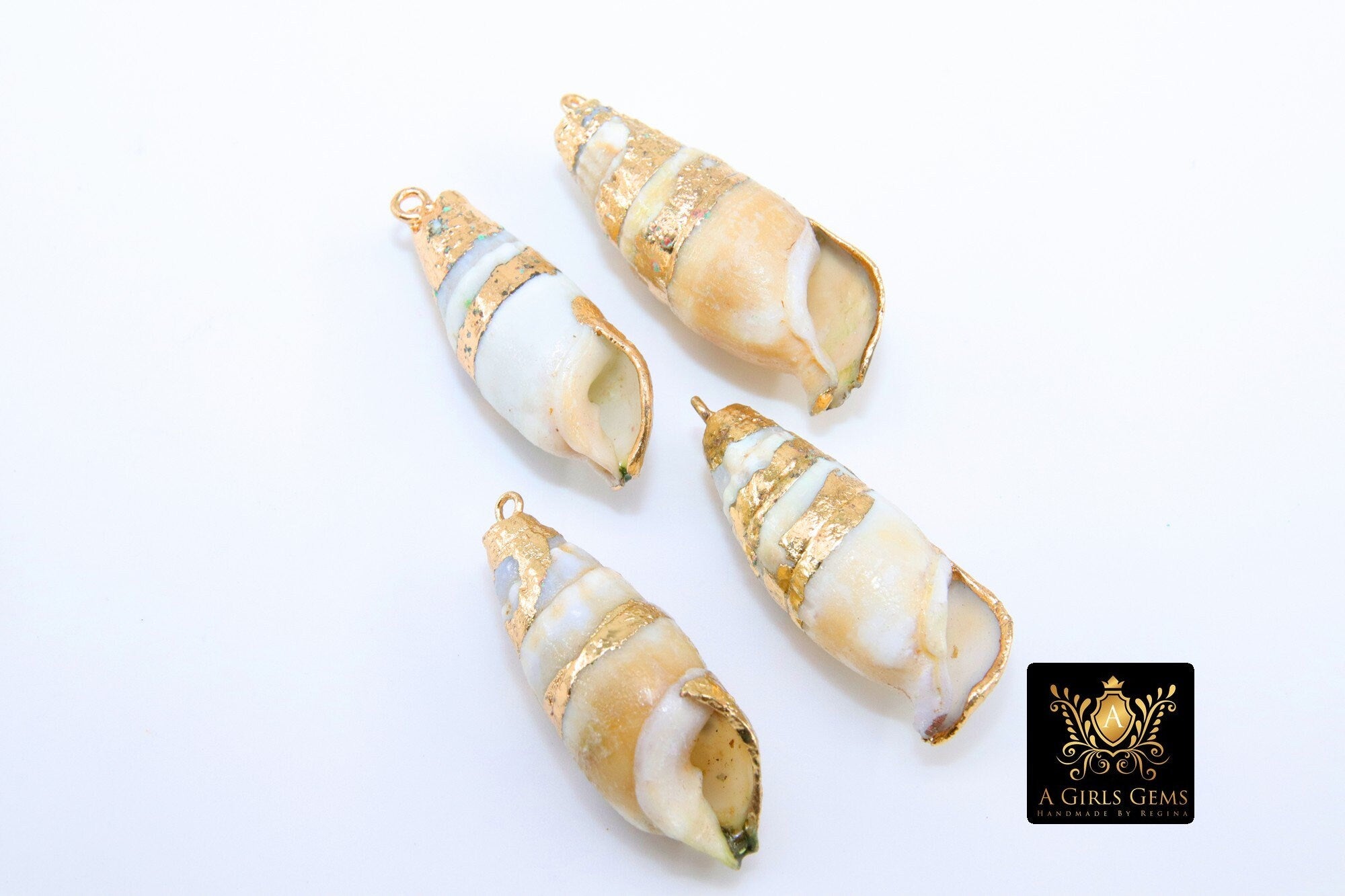 Gold Dipped Edge Conch Seashell Charms, Long Spiral Ocean Reef Jewelry for Boho Beach Necklace