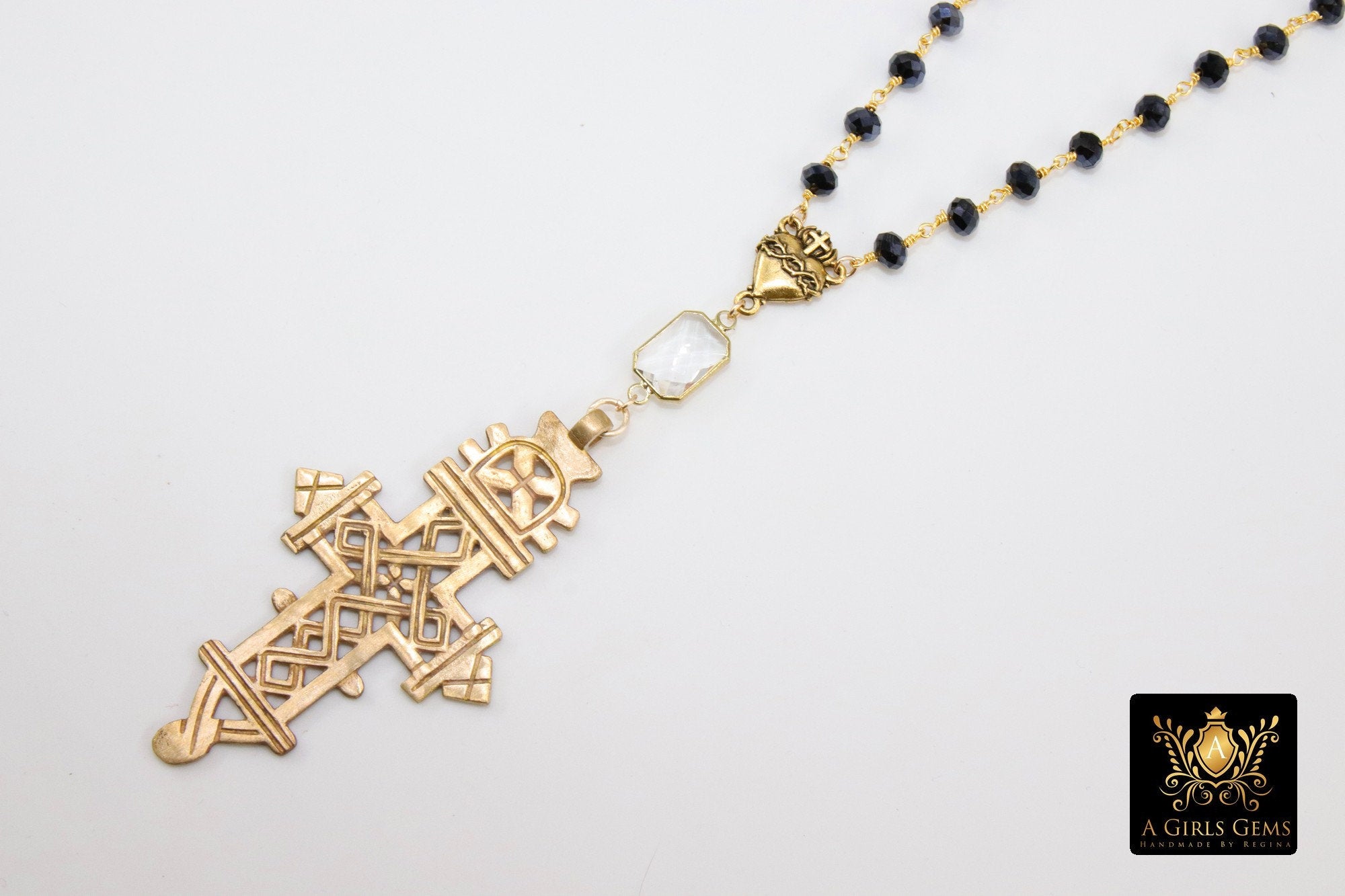 Gold Rosary Cross Necklace, Smoky Rosary Gold Brass Ethiopian Cross, Long Rosary Necklace - A Girls Gems
