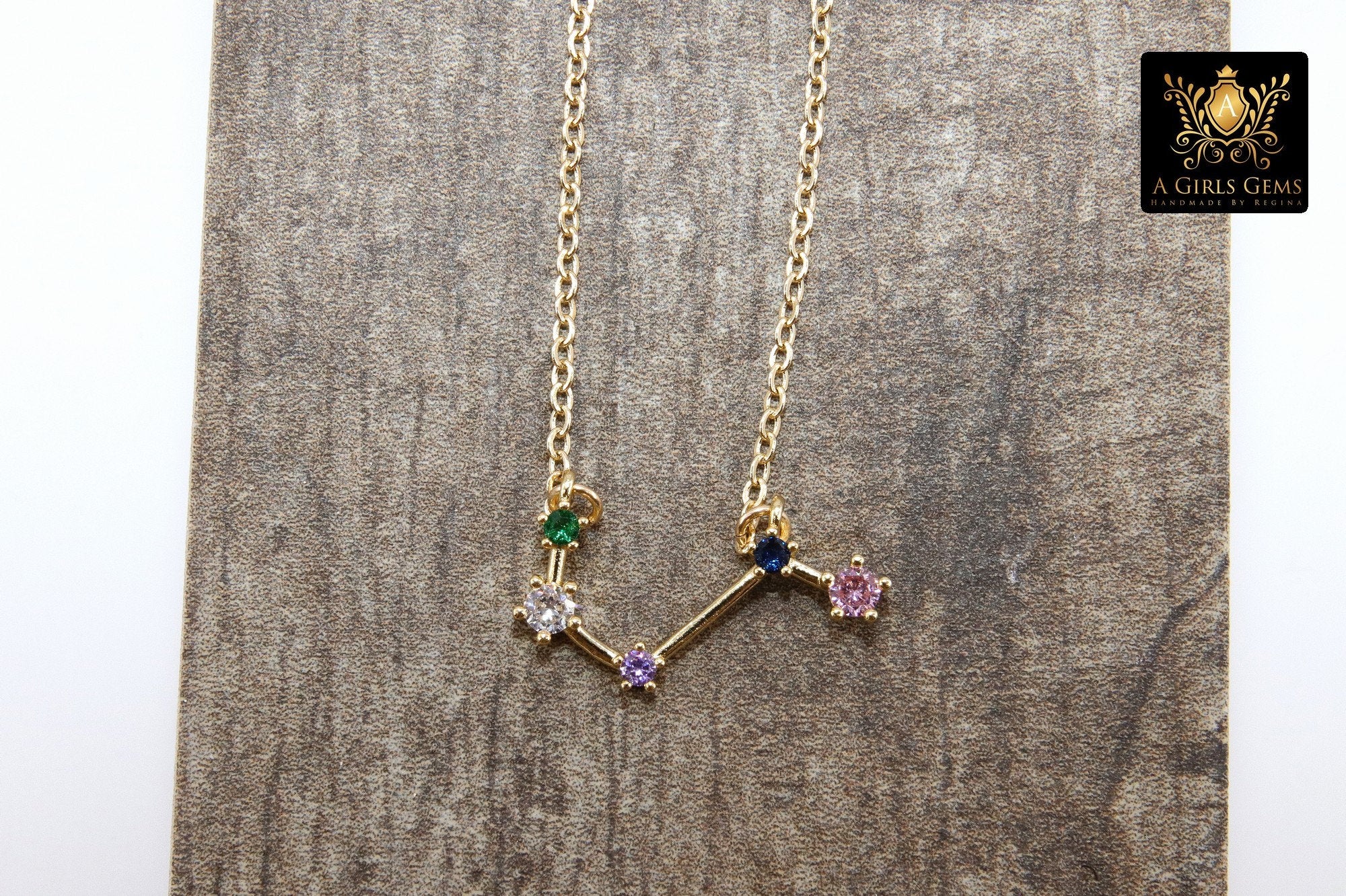 Aries Horoscope Necklace, 14 k Gold Zodiac Sign Constellation Choker, Clear, Multi Color CZ Diamonds - A Girls Gems