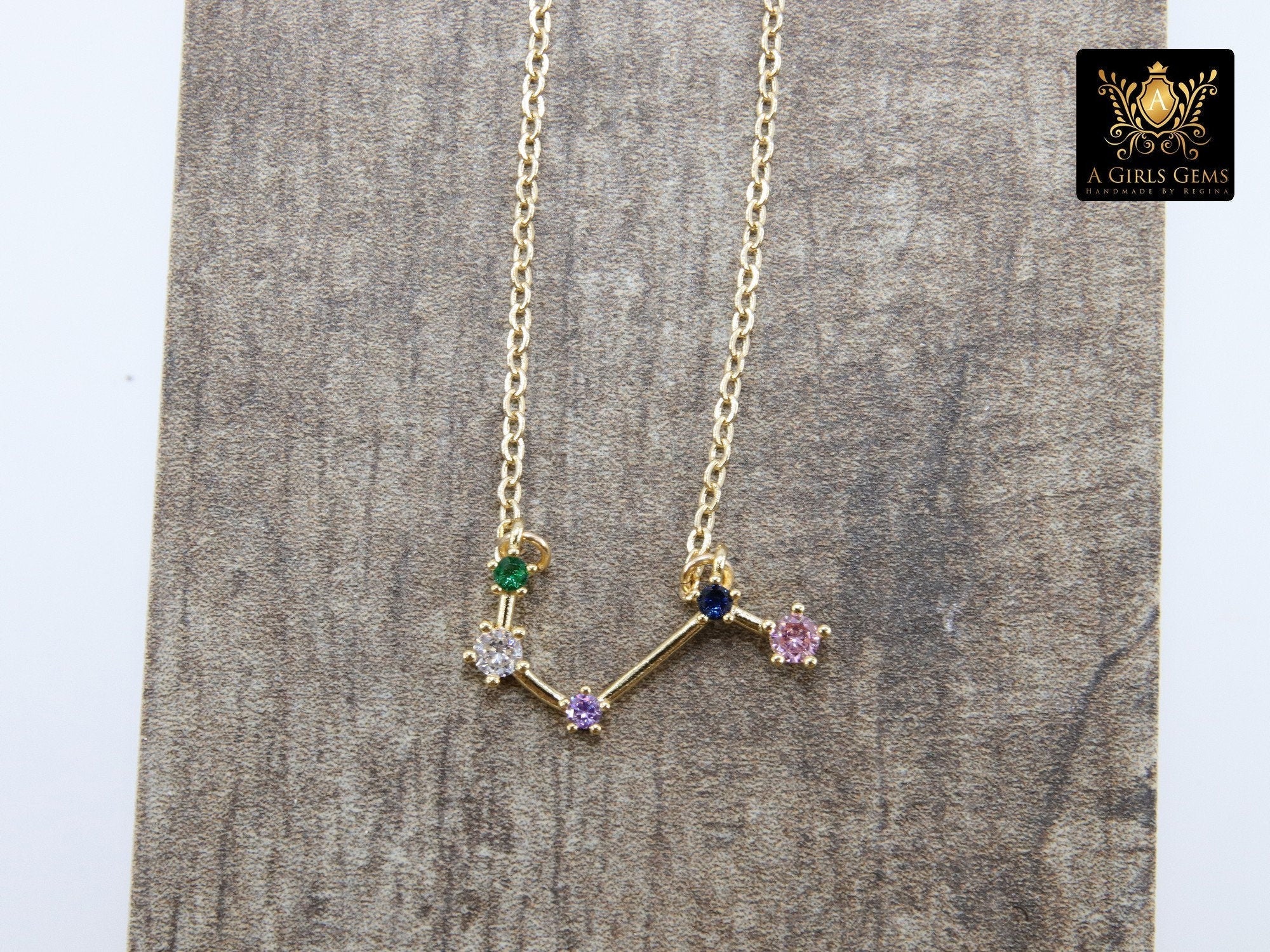 Aries Horoscope Necklace, 14 k Gold Zodiac Sign Constellation Choker, Clear, Multi Color CZ Diamonds - A Girls Gems