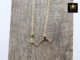 Aries Horoscope Necklace, 14 k Gold Zodiac Sign Constellation Choker, Clear, Multi Color CZ Diamonds