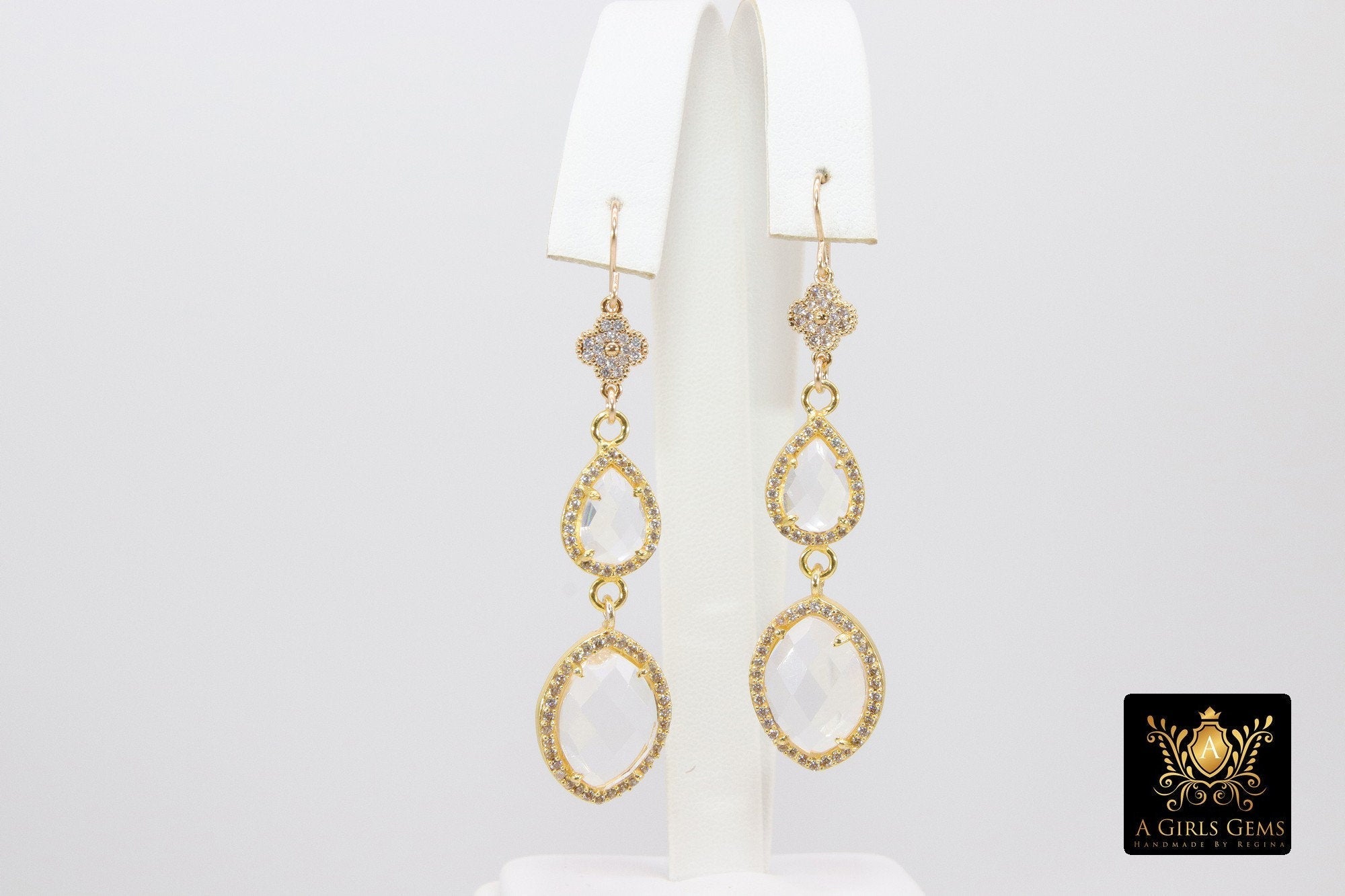14 K Gold Crystal Quartz Earrings, Gemstones April CZ Diamond Birthstone Dangle Clover Ear Wire Hooks - A Girls Gems